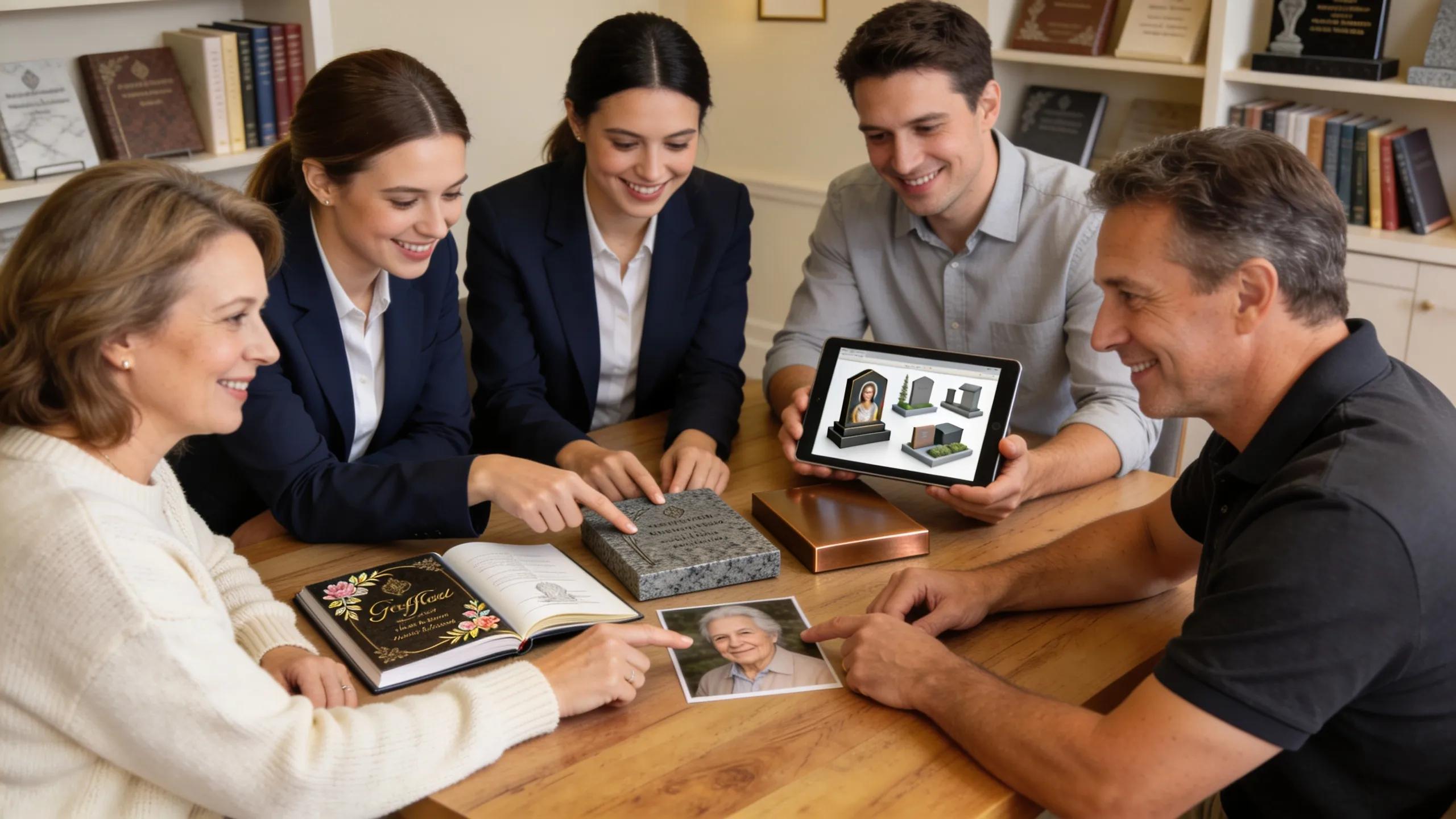 Team of local grave marker suppliers consulting with a family in a warm, inviting office space