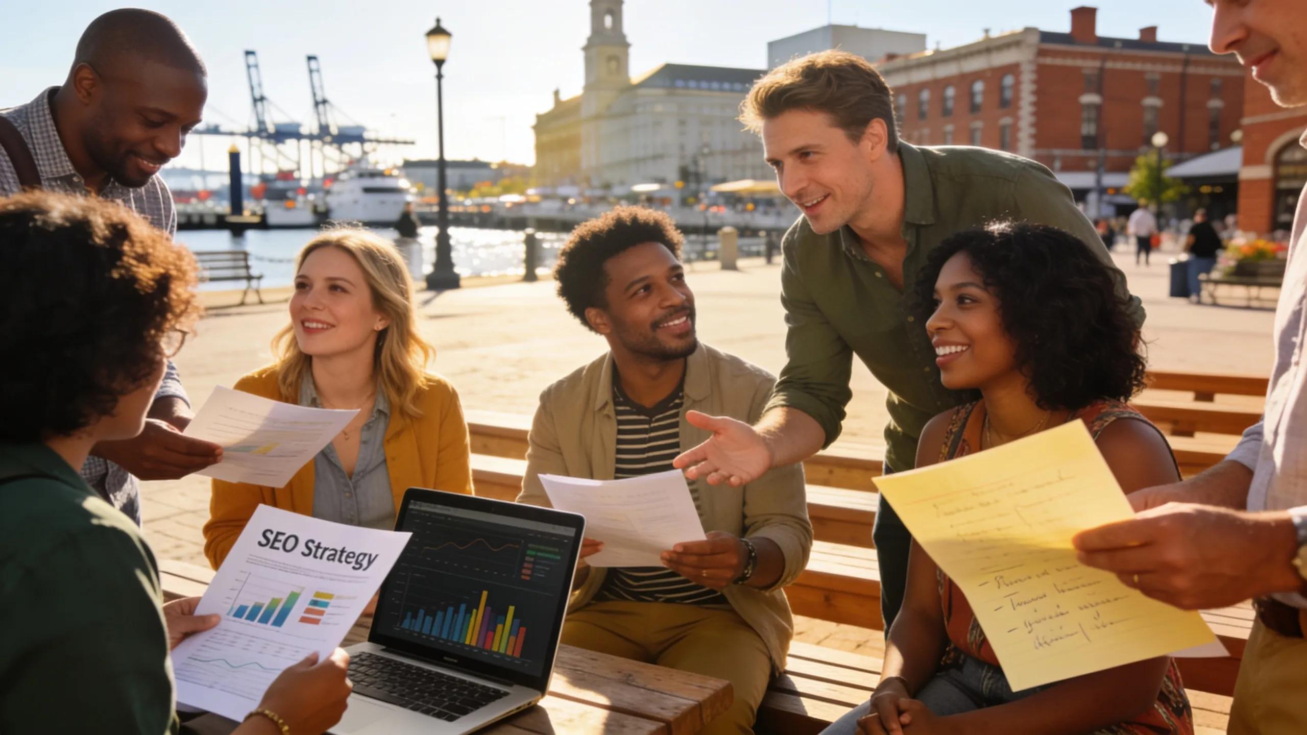 Local business owners collaborating on SEO strategies during a community event in Baltimore