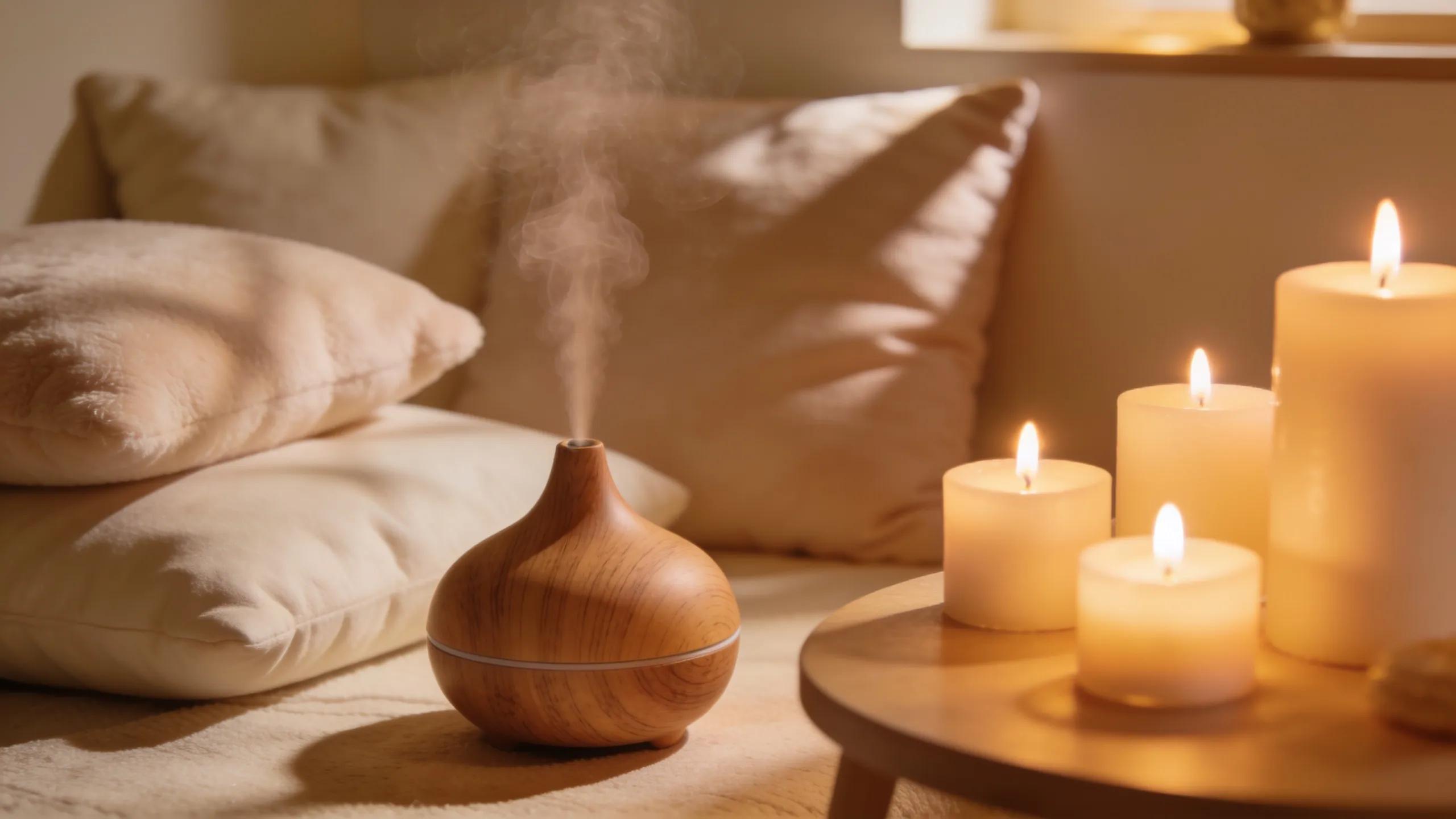 Meditation space with sandalwood oil diffuser and calming elements for mental wellness
