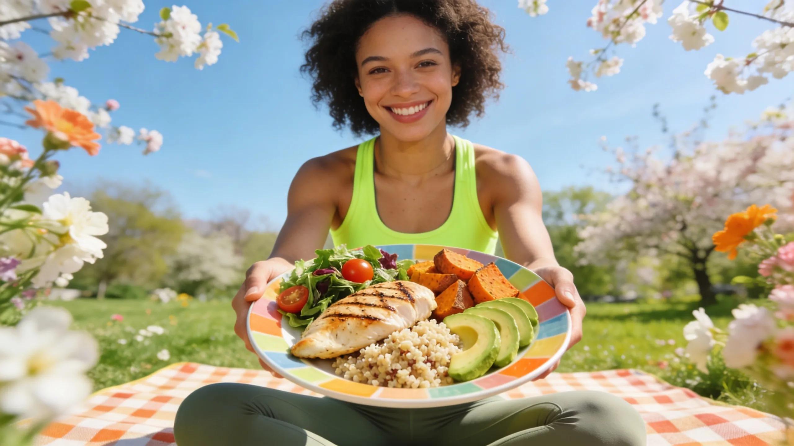 Fitness enthusiast enjoying a balanced meal with proteins, carbs, and healthy fats outdoors
