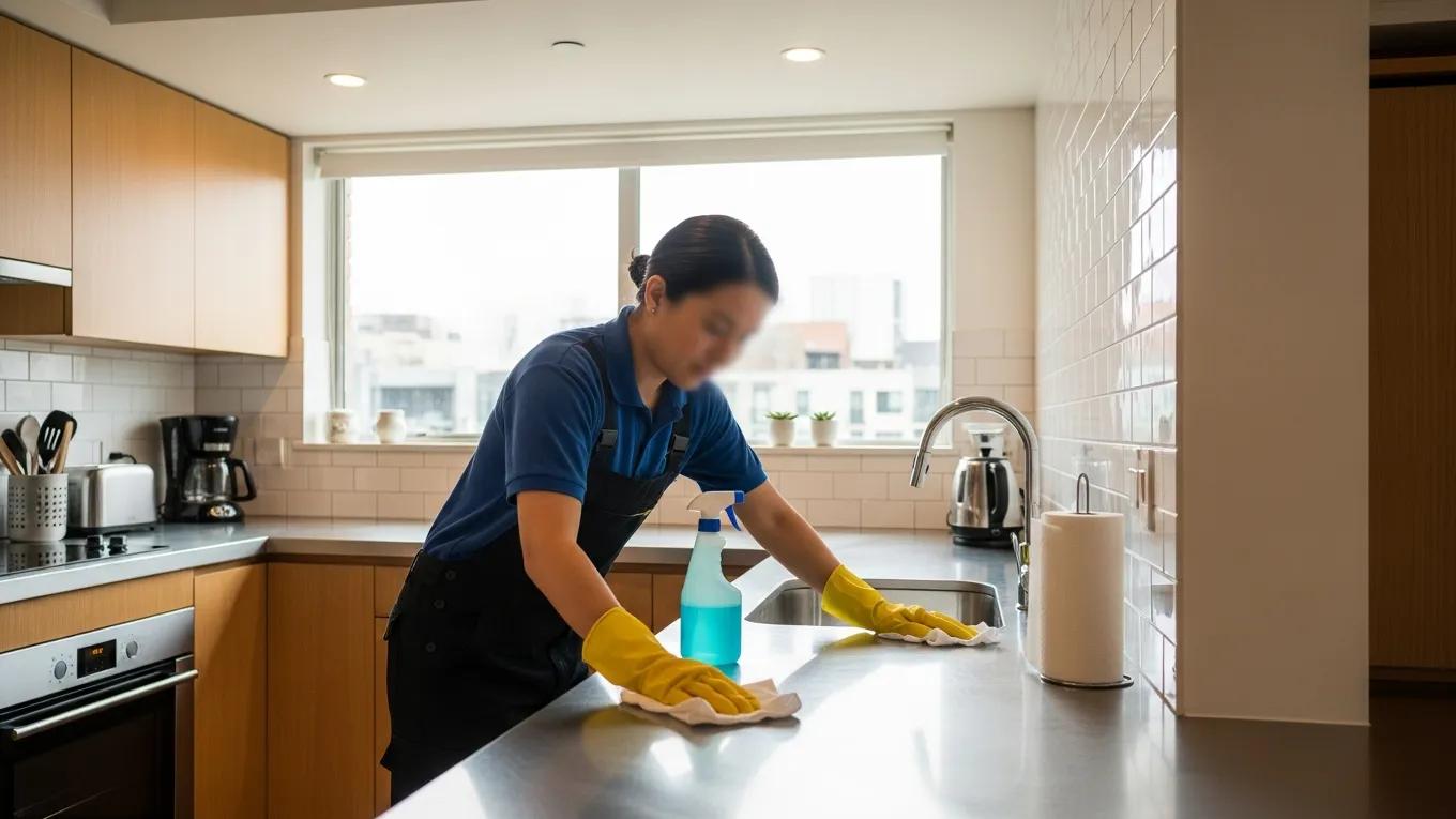 Cleaner working in rental kitchen