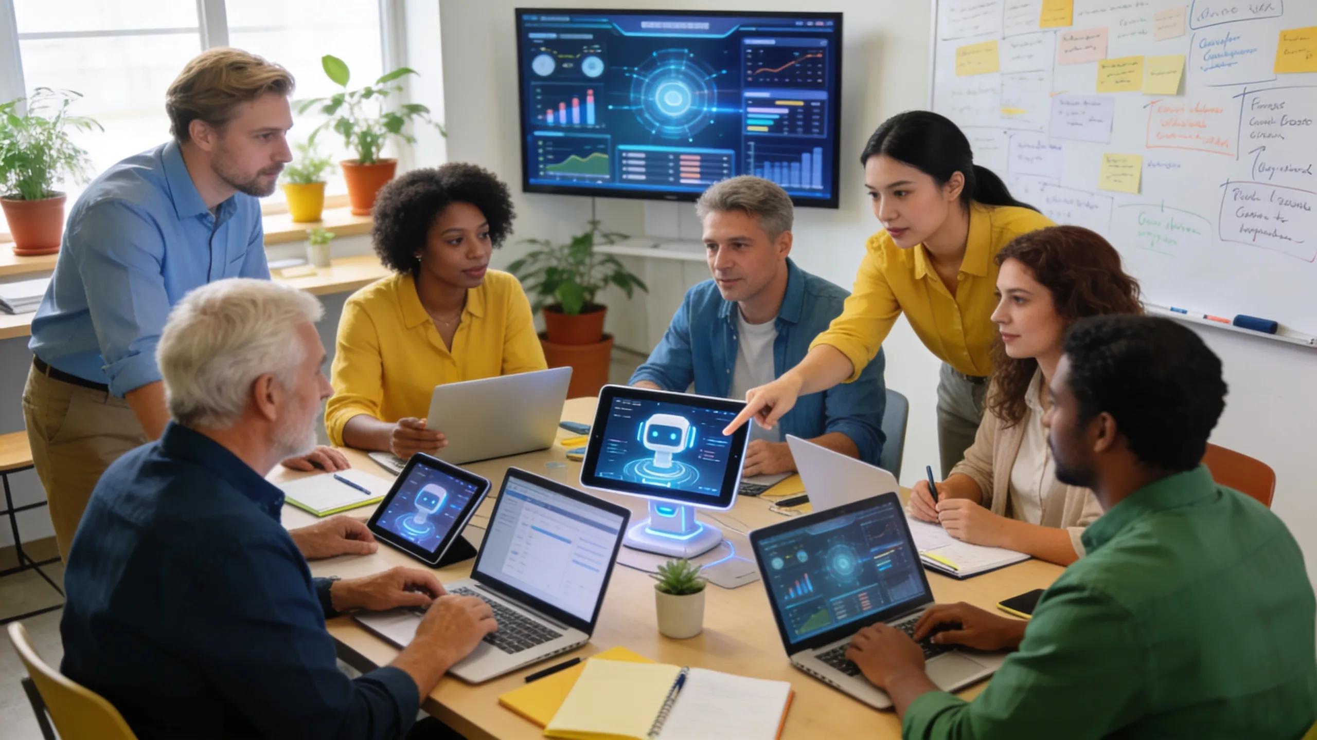 Diverse coaches and educators collaborating in a modern workspace with laptops and technology, symbolizing AI search visibility.