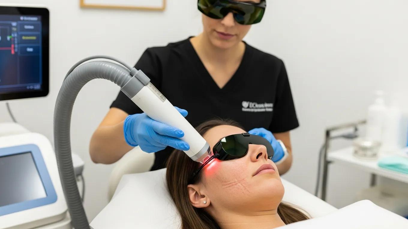 Patient undergoing laser therapy for acne scar removal in a clinical setting