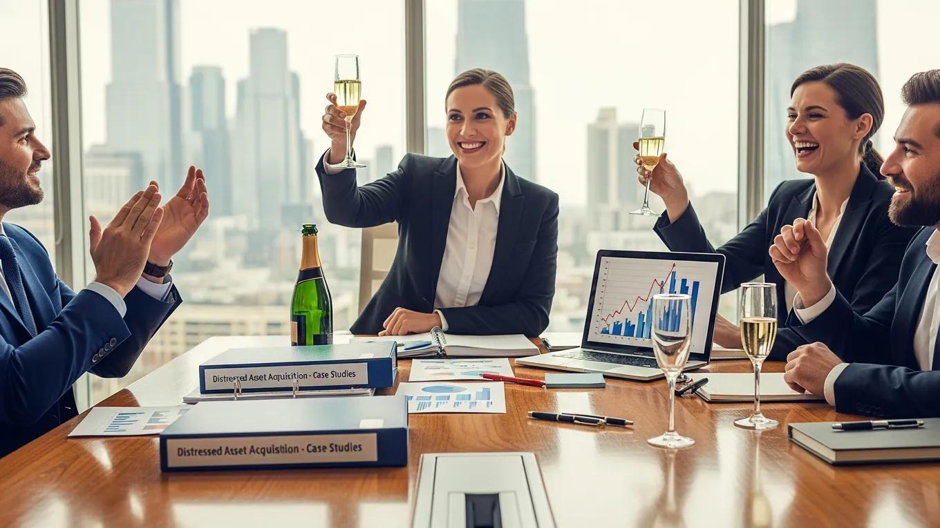 Investor team celebrating successful case studies in distressed asset acquisition