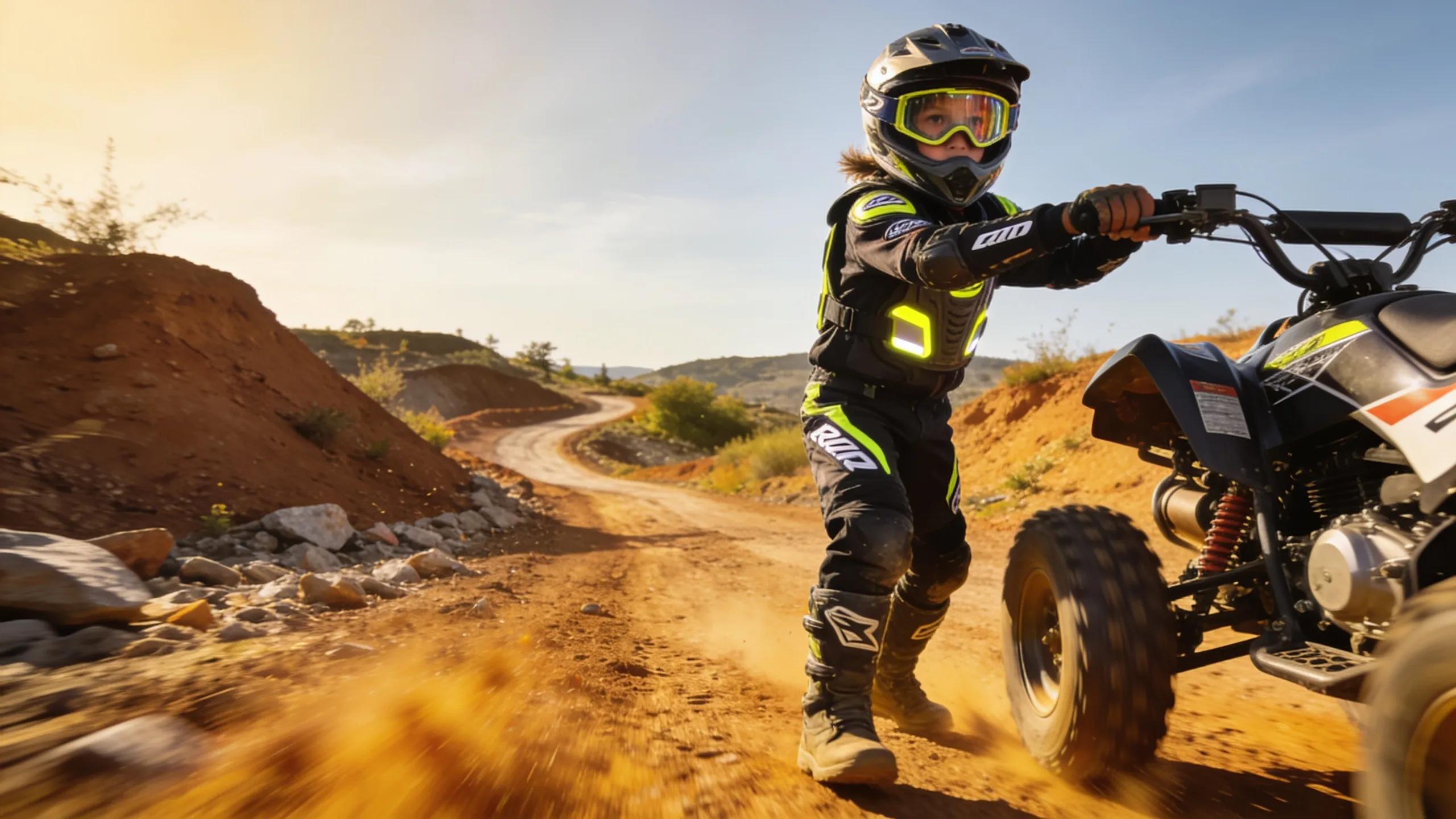 A young ATV rider wearing full safety gear ready to ride in an off-road environment, highlighting the importance of safety.