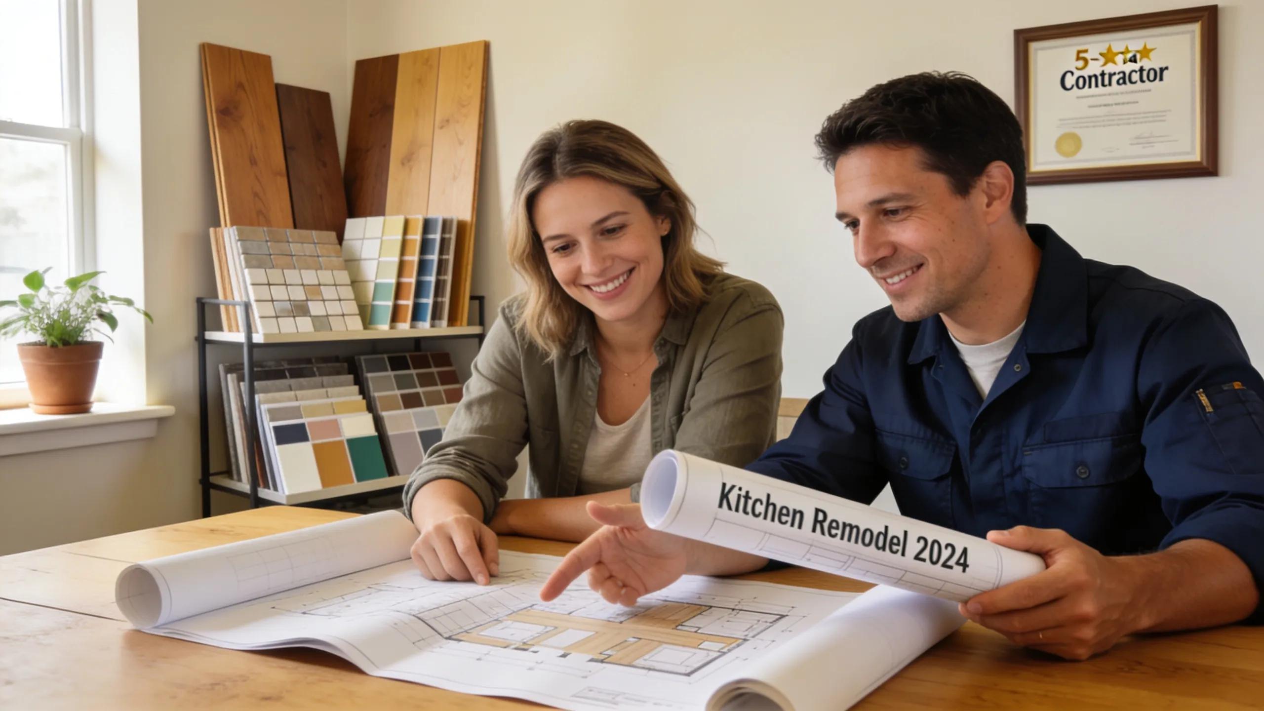 Contractor discussing qualifications and design plans with homeowner