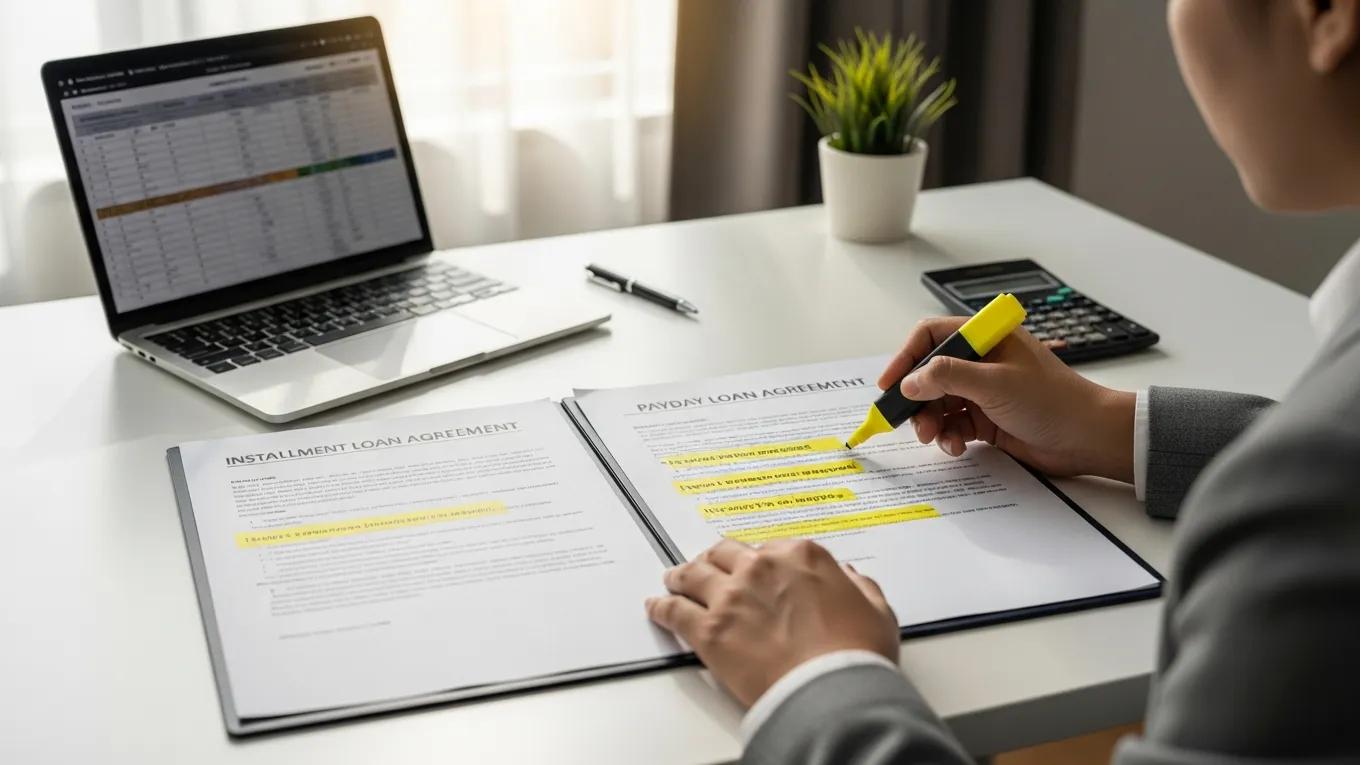 Person reviewing and highlighting key points in installment and payday loan agreements on a desk with a laptop, calculator, and plant, illustrating the loan comparison process.