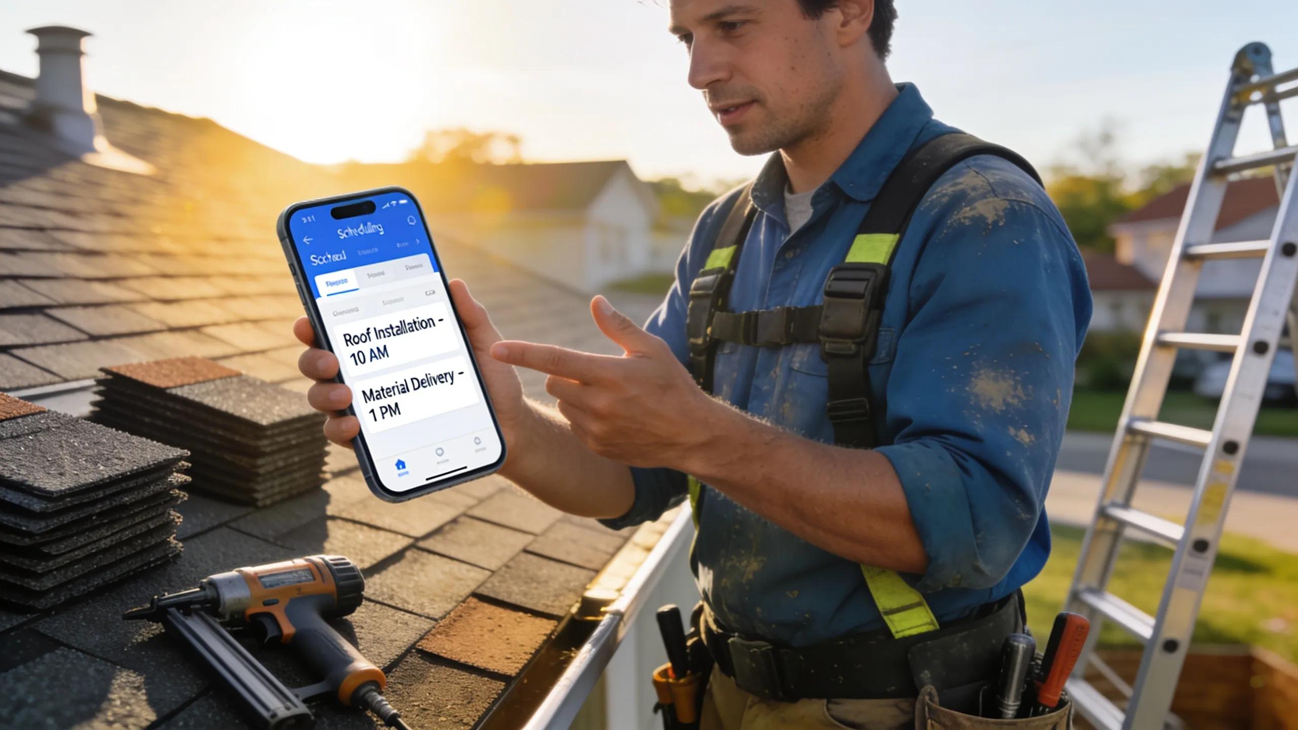 Homeowner checking roofing project schedules on smartphone in an outdoor setting