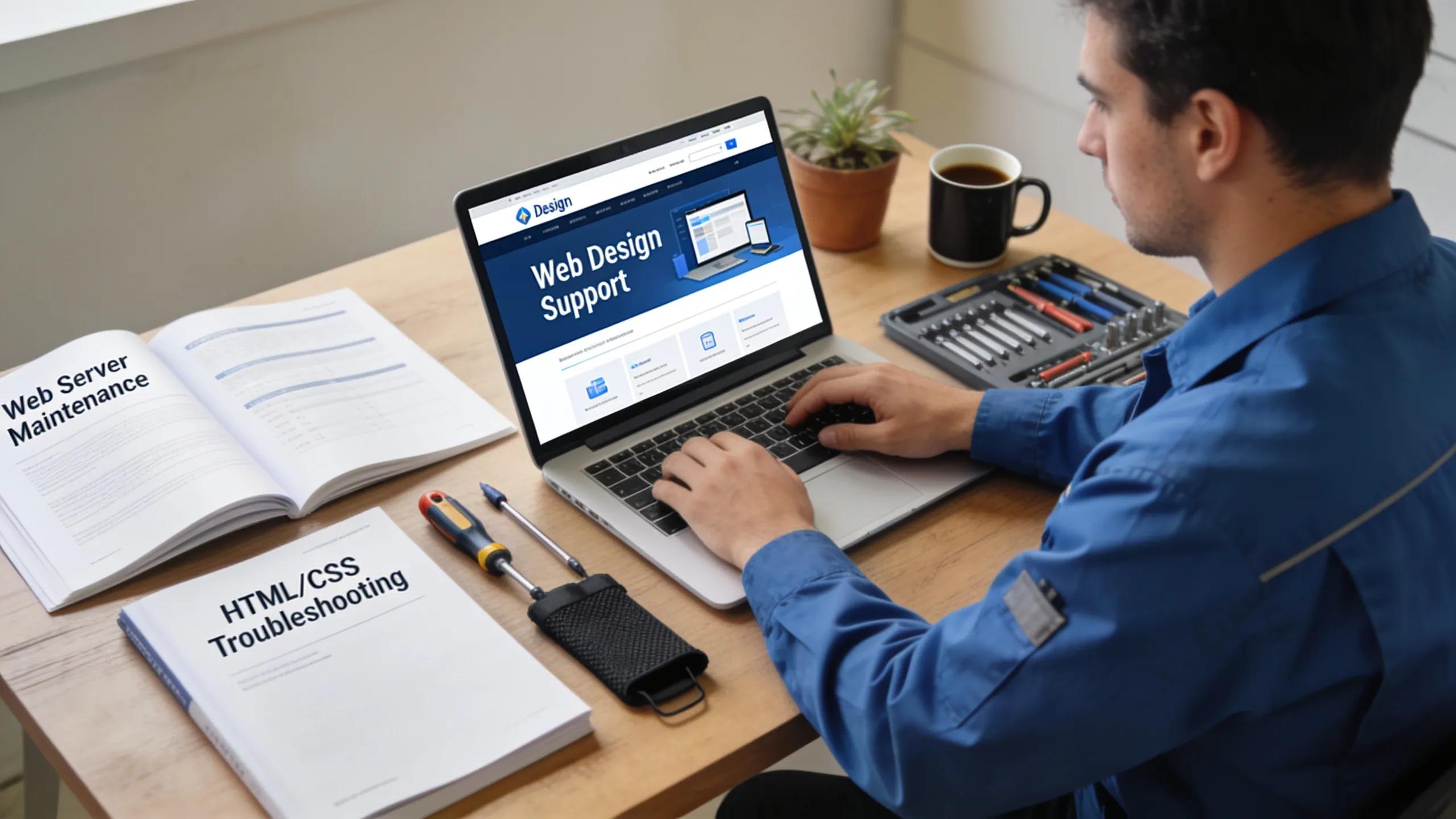 Technician performing maintenance on a web design site, emphasizing ongoing support services