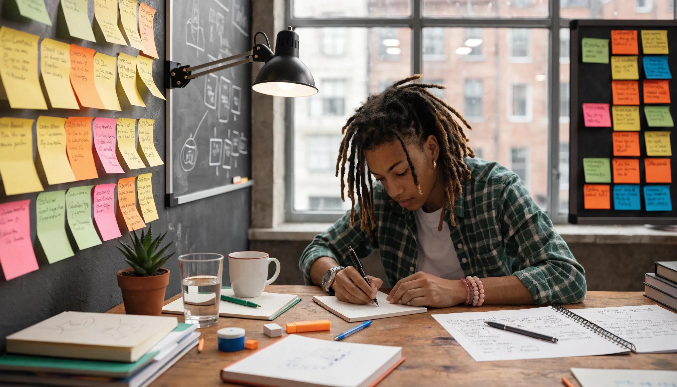 Creative workspace with notes and a person planning marketing strategies.