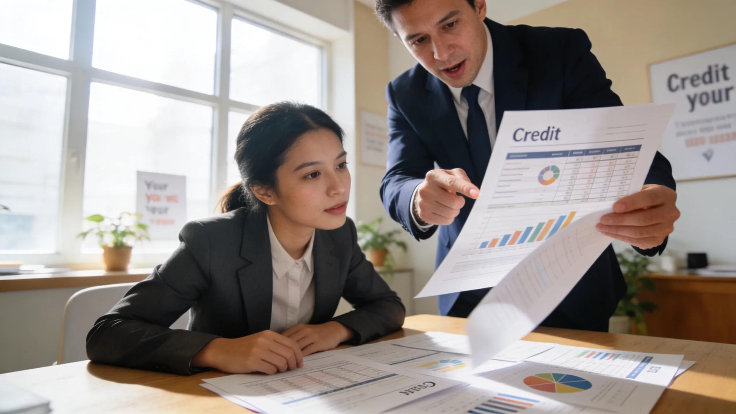 Small business owner consulting with a financial advisor on credit building strategies in a professional setting
