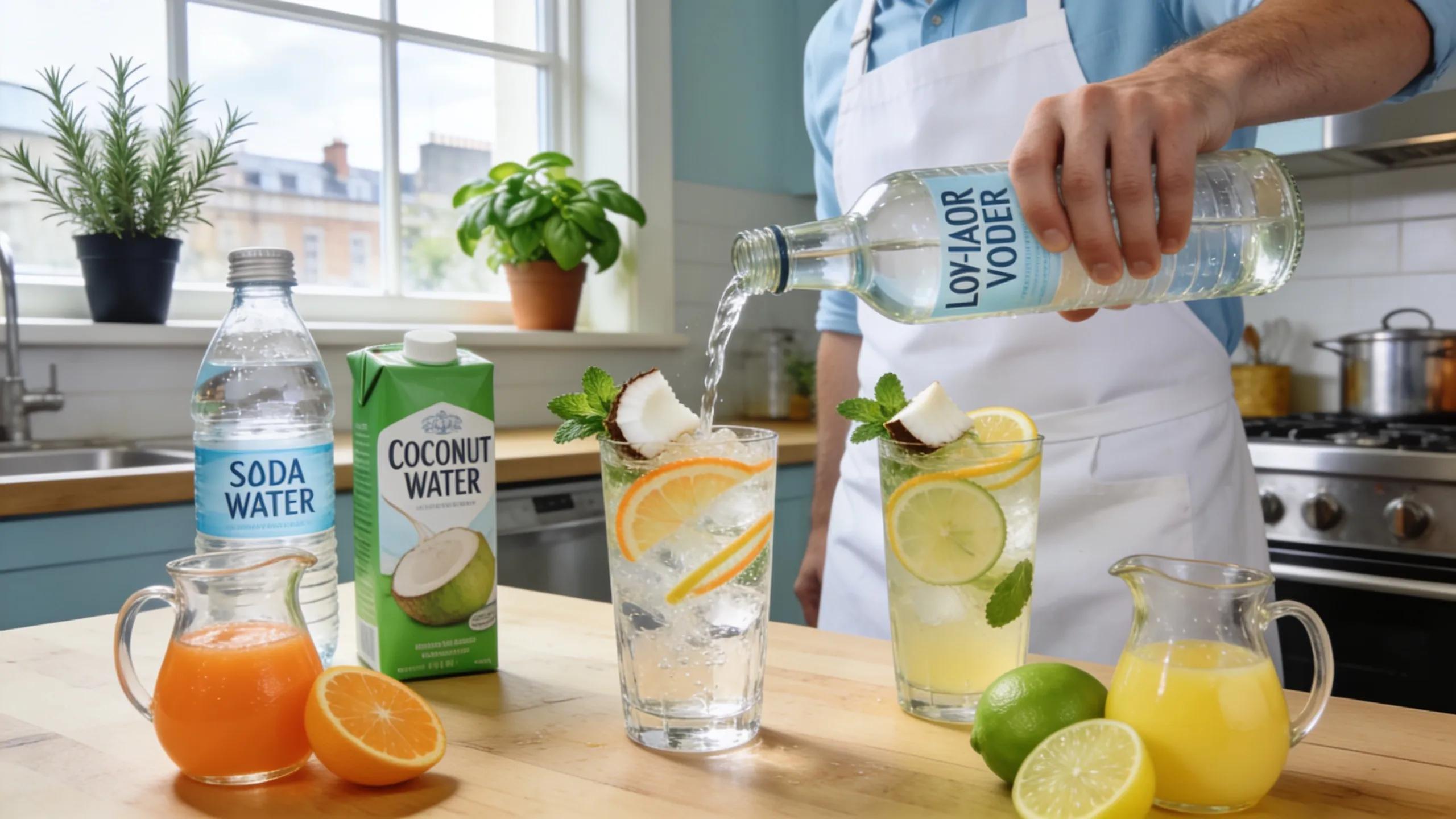 Health-conscious vodka cocktails with fresh mixers in a modern kitchen setting
