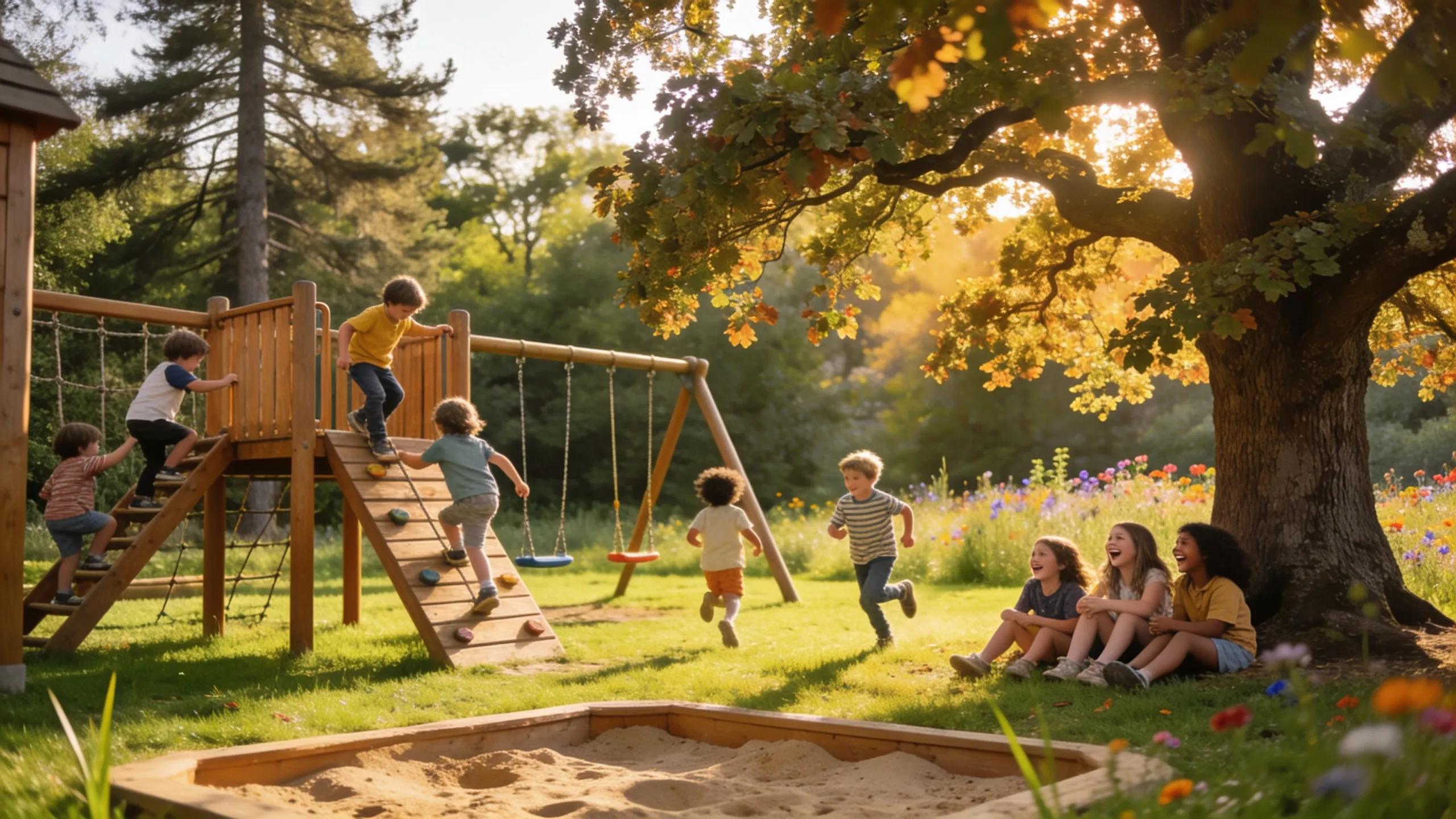 Children playing in an outdoor space that promotes physical health and social interaction Children playing in an outdoor space that promotes physical health and social interaction