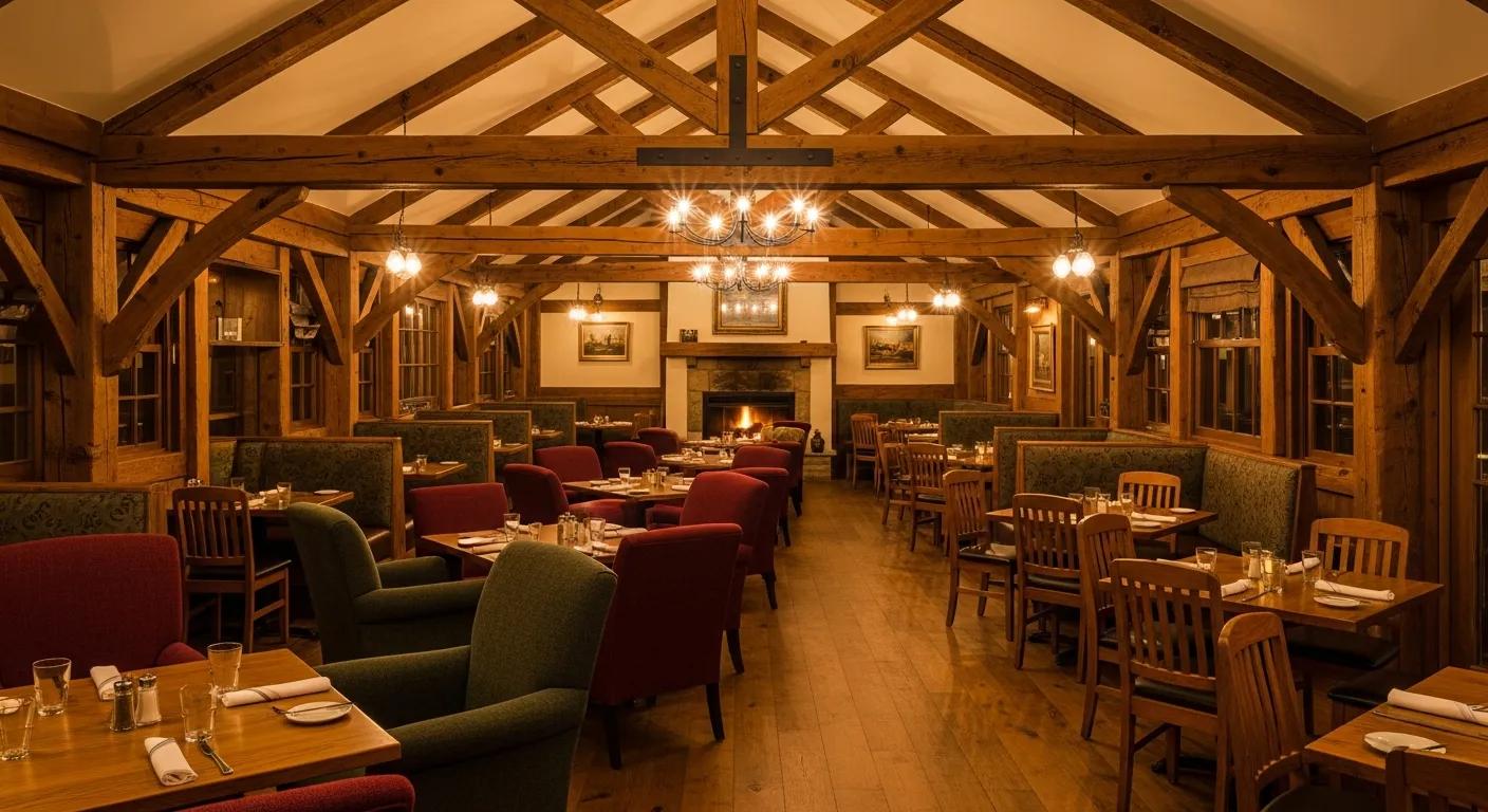 Inside The Duck Blind Grille: warm lighting, wooden beams, and cozy seating