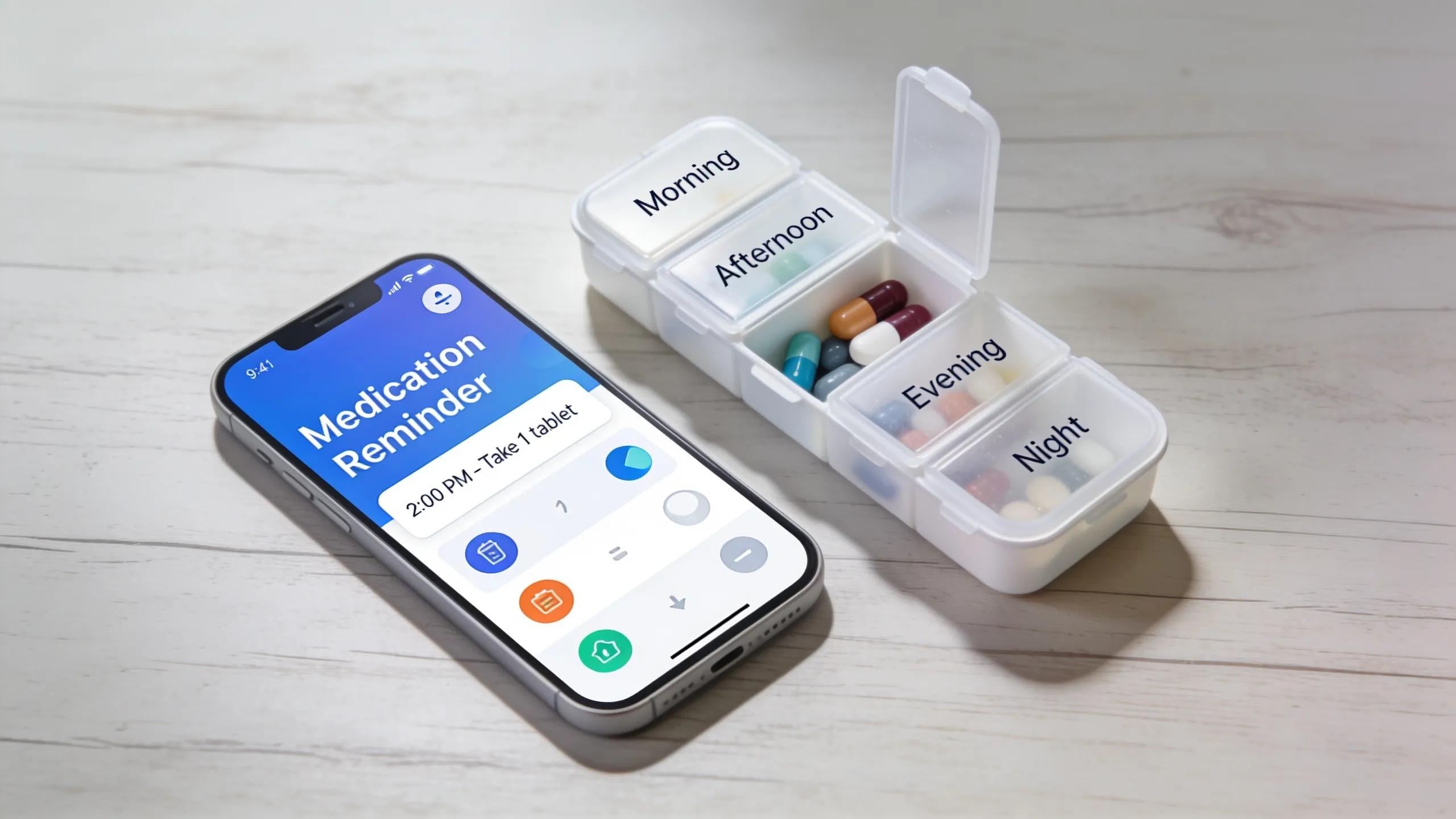 Smartphone with medication reminder app next to a pillbox, emphasizing the importance of timely medication adherence