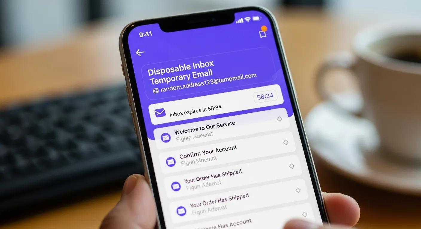 Mobile phone showing a temporary email inbox — demonstrating the convenience of disposable addresses