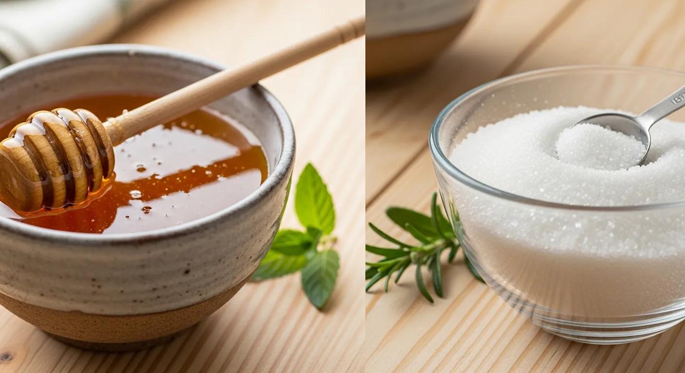Raw honey and sugar side by side, highlighting natural sweeteners for pets