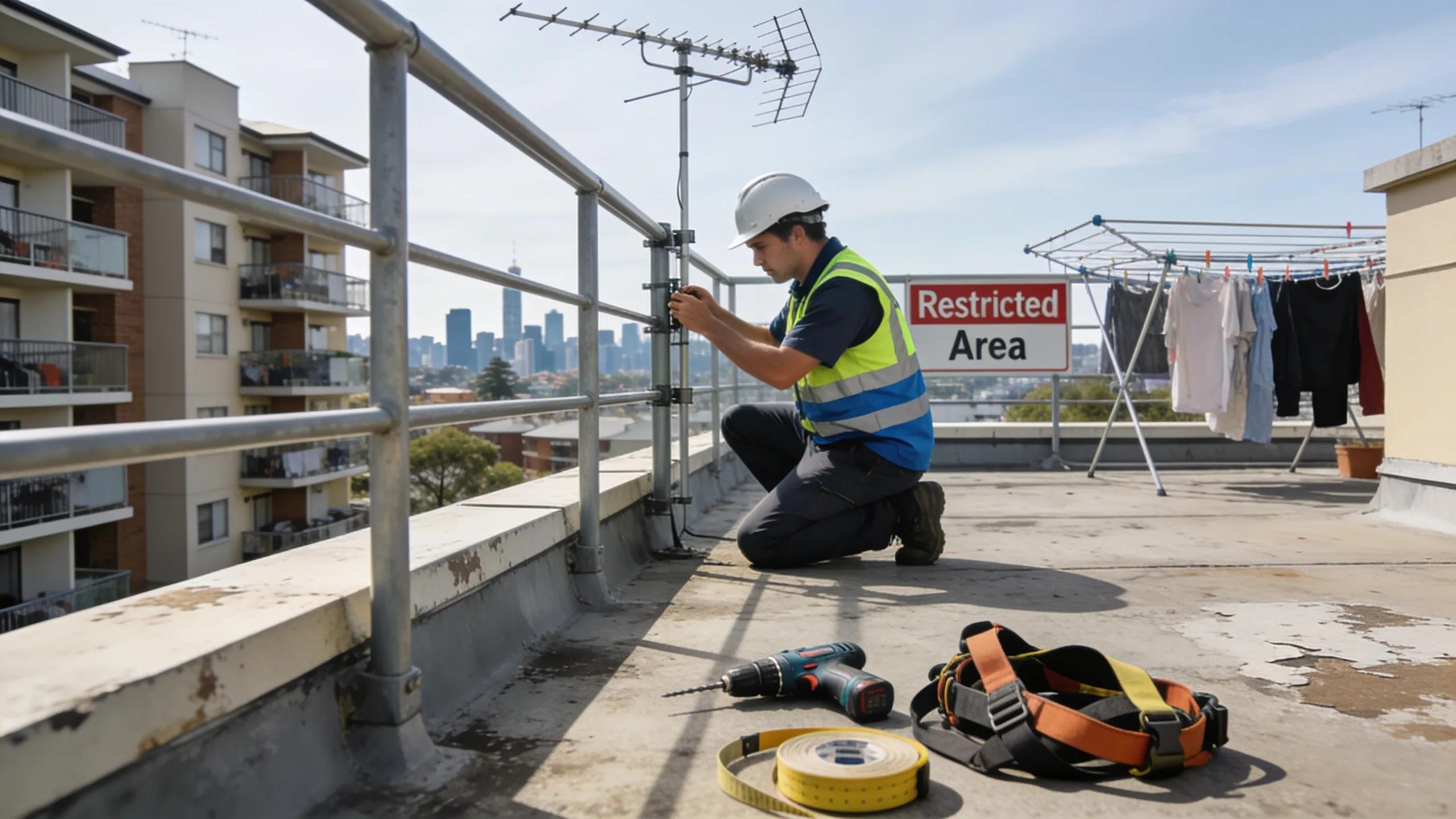 Technician evaluating rooftop access for antenna installation in a Sydney apartment
