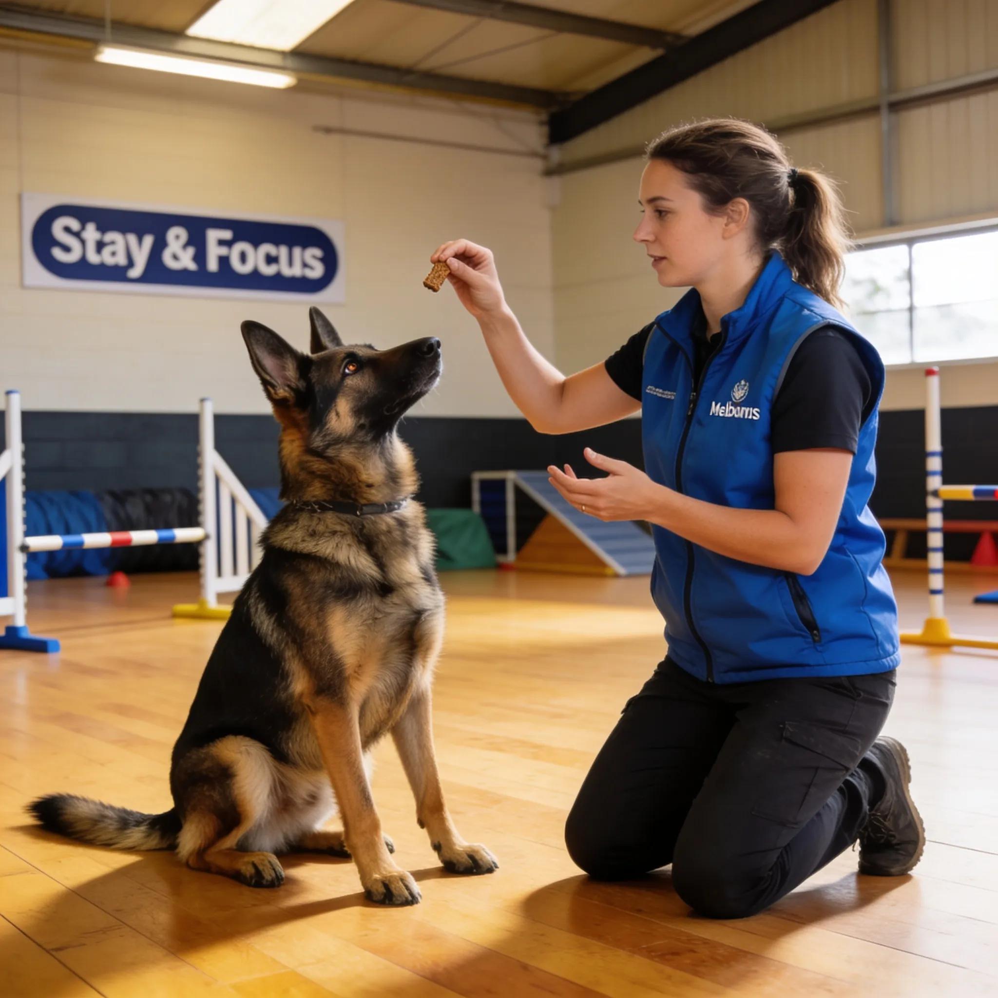 Dog trainer working with a German Shepherd on emotional regulation techniques in a Melbourne training facility