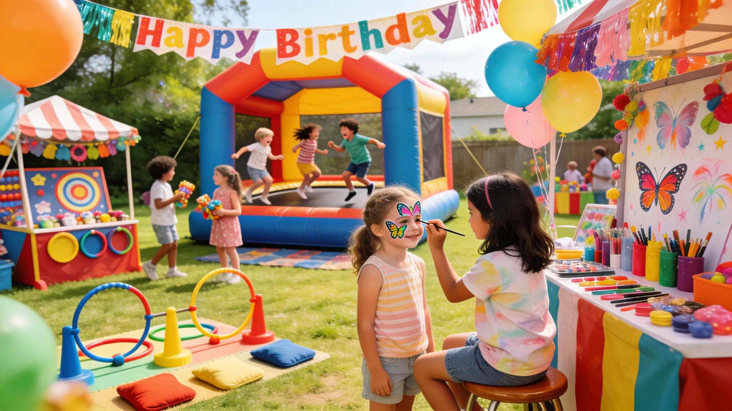 Enthusiastic children enjoying various entertainment options like carnival games and face painting alongside a bounce house at a party in Wyandanch