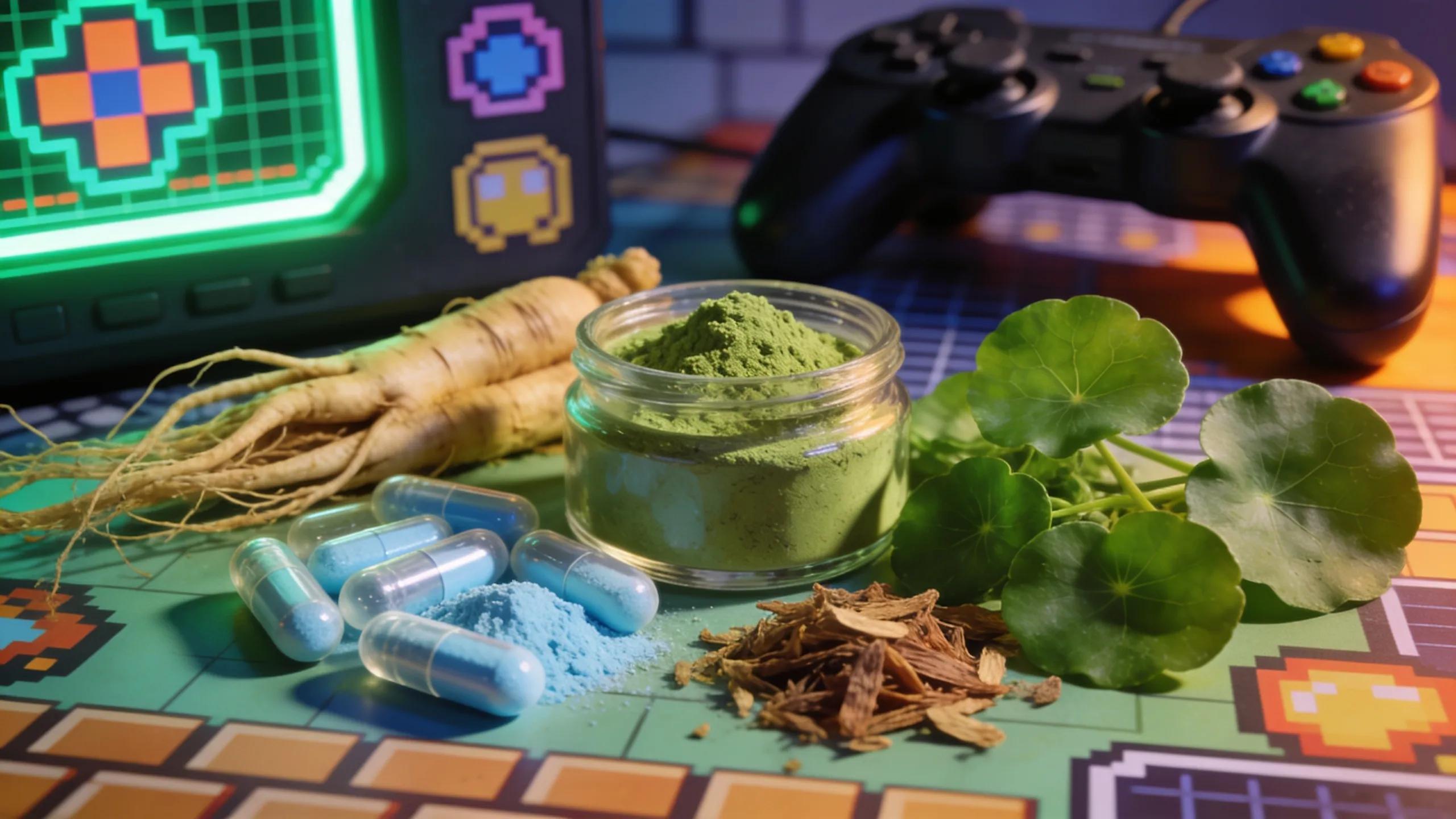 Colorful nootropic ingredients arranged on a gaming-themed surface