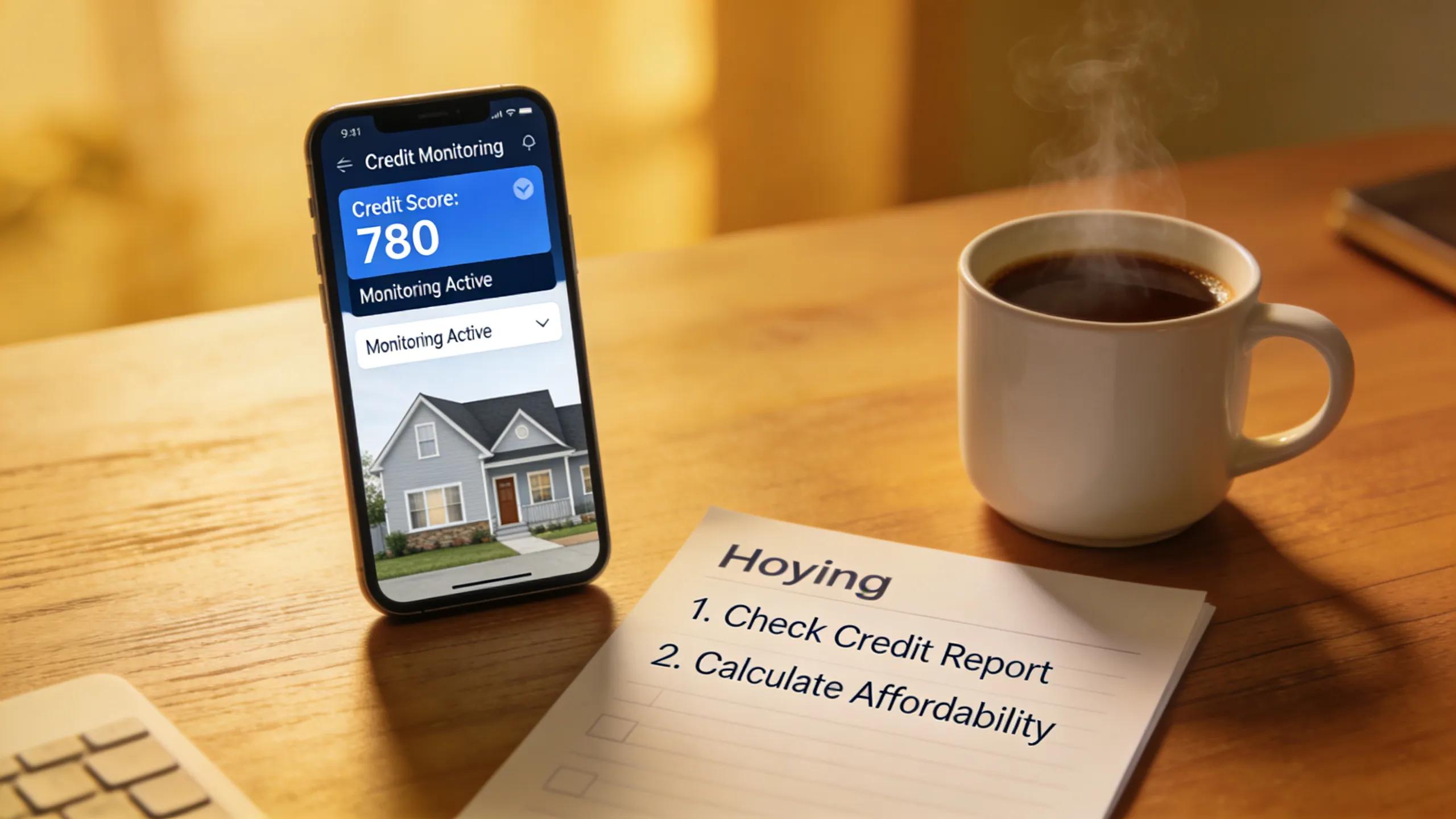 Smartphone displaying a credit monitoring app alongside a homebuying checklist