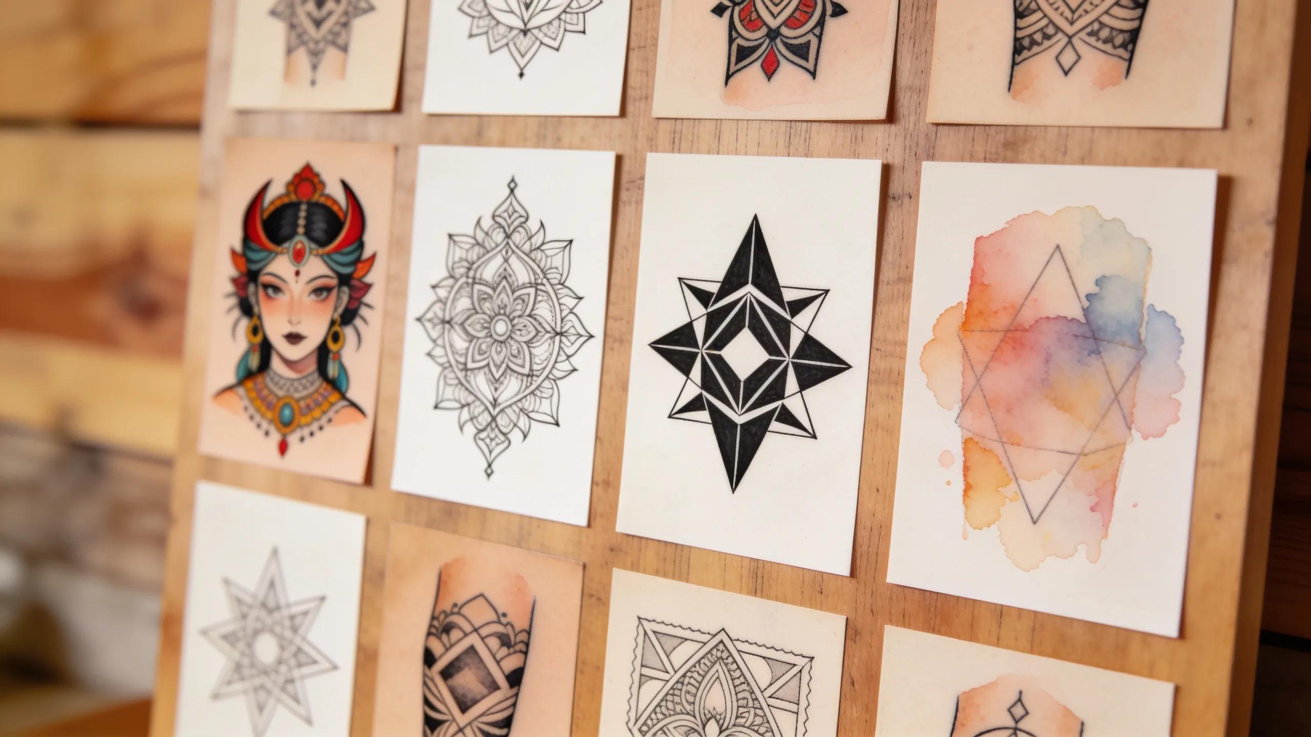 Collage of different tattoo styles including traditional, fine line, geometric, and watercolor designs, showcasing the diverse portfolios of custom tattoo artists in Denver.