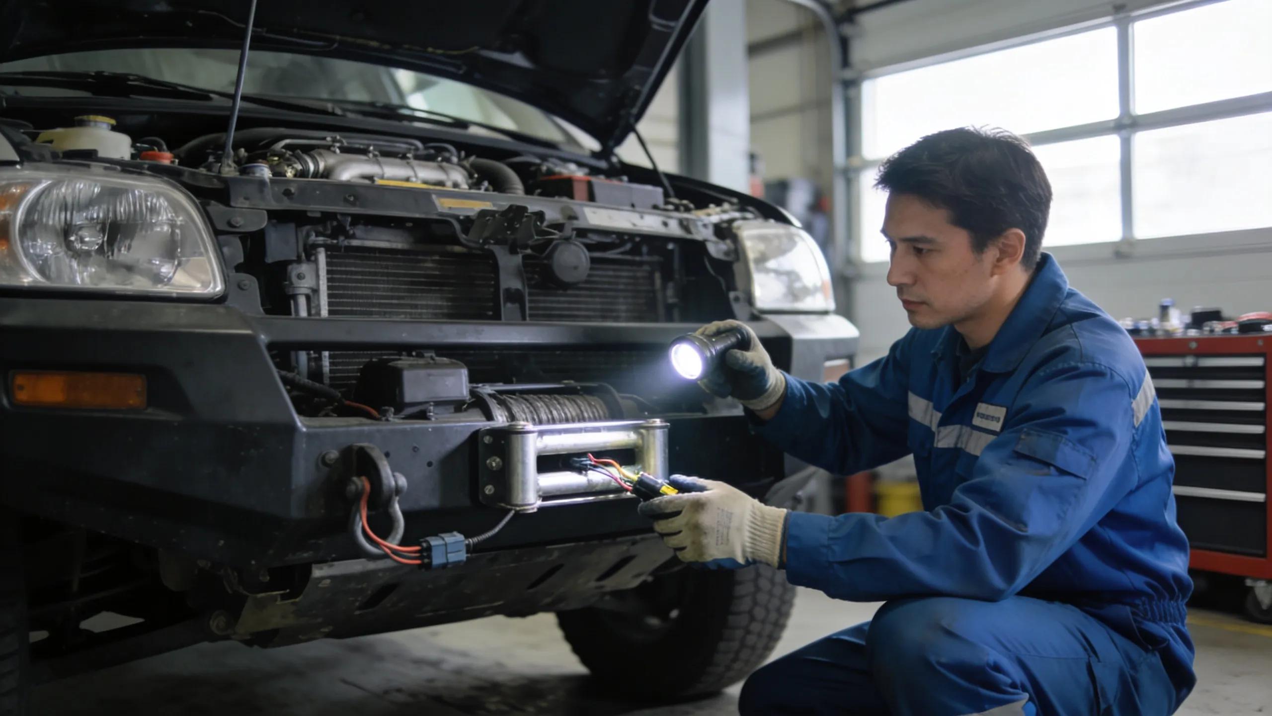 Technician conducting pre-tow inspections on a vehicle