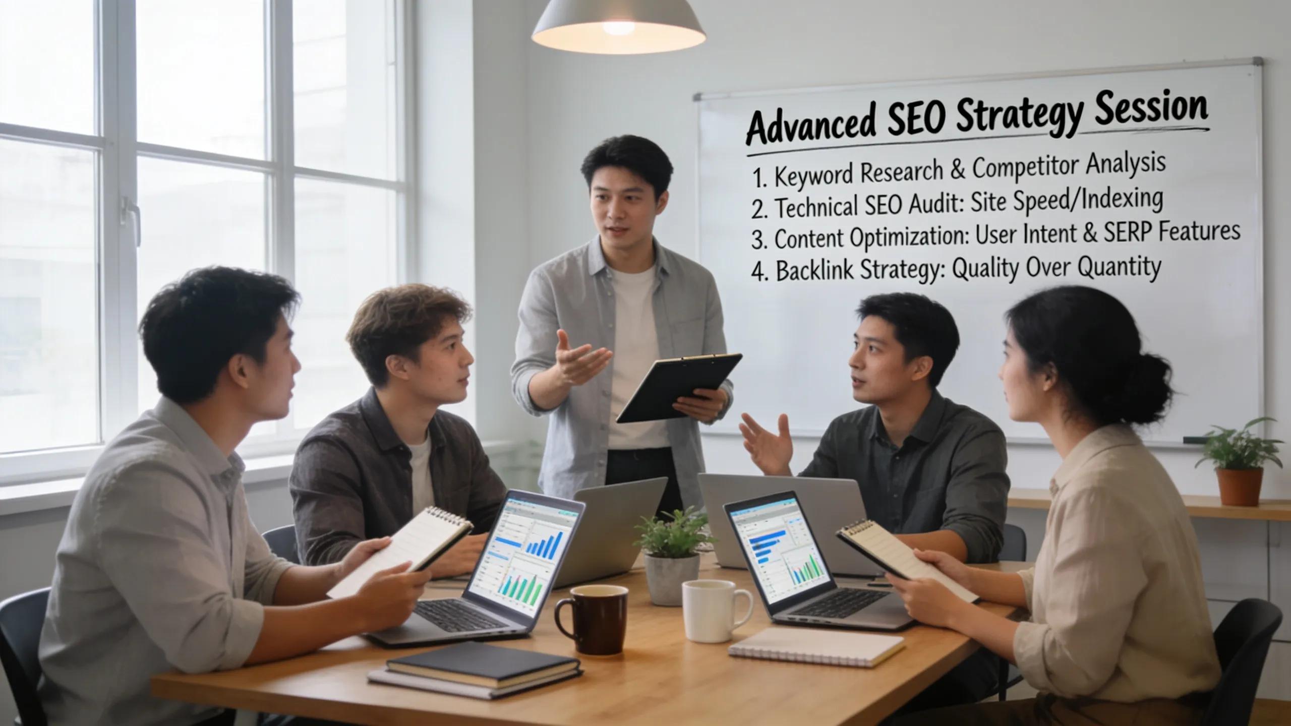 Team collaboration on advanced SEO strategies in a modern office
