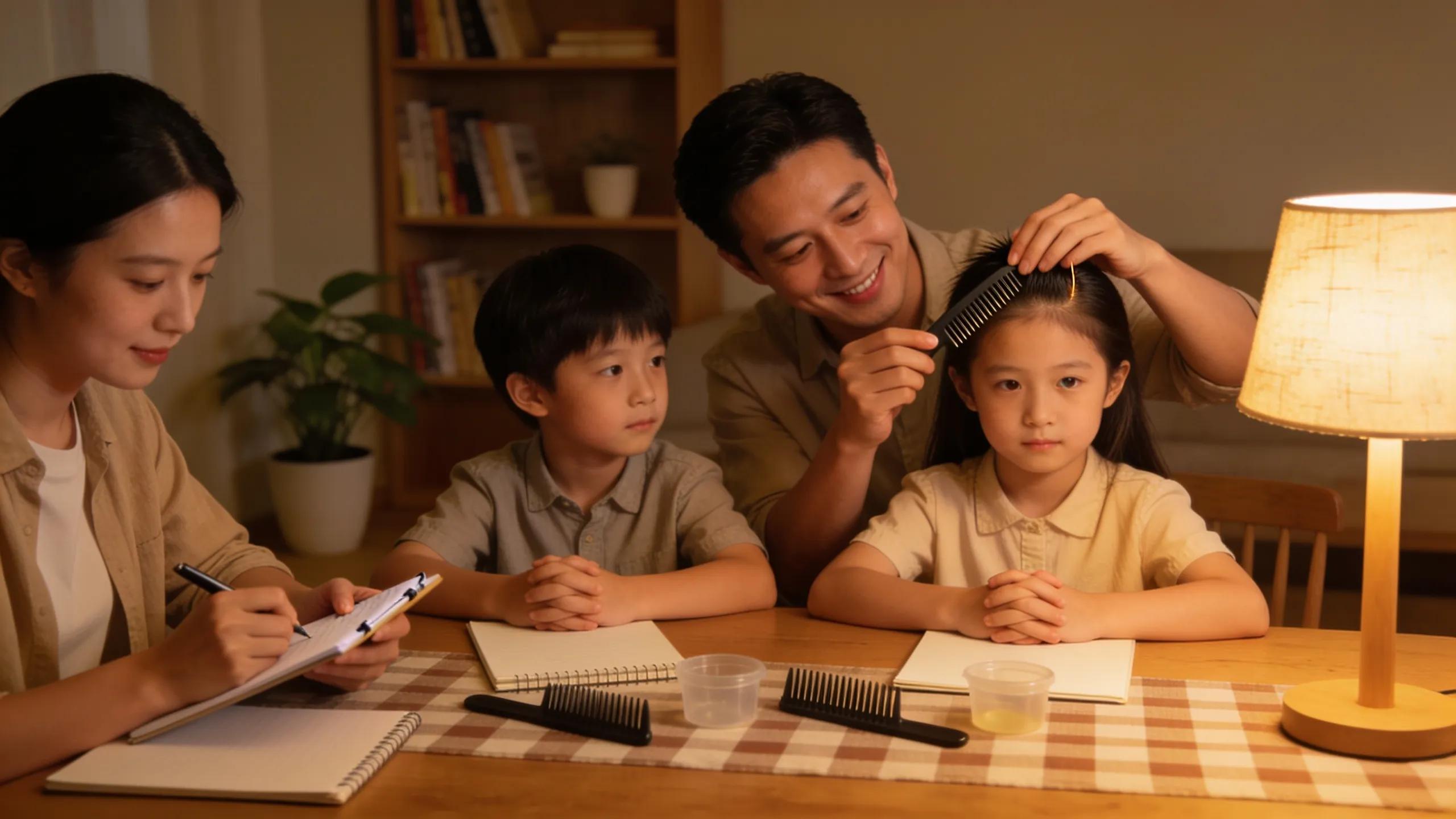 Family creating a lice checklist while checking for lice