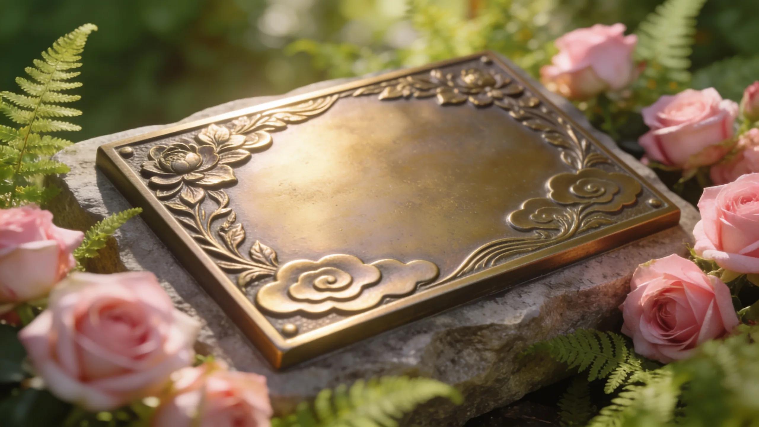 Flat bronze memorial plaque for a child, surrounded by flowers in a tranquil outdoor setting