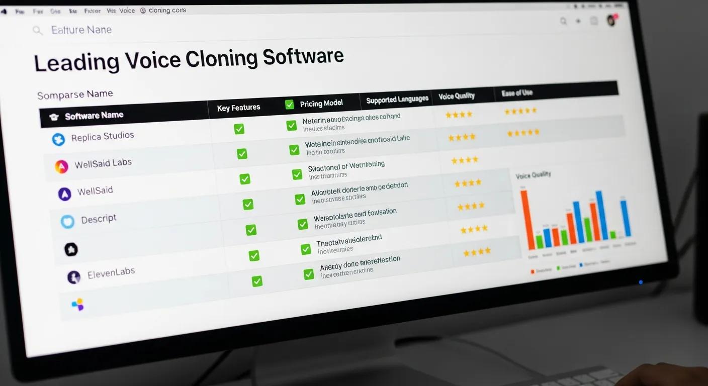 Close-up of a computer screen comparing features of leading voice cloning software Close-up of a computer screen comparing features of leading voice cloning software