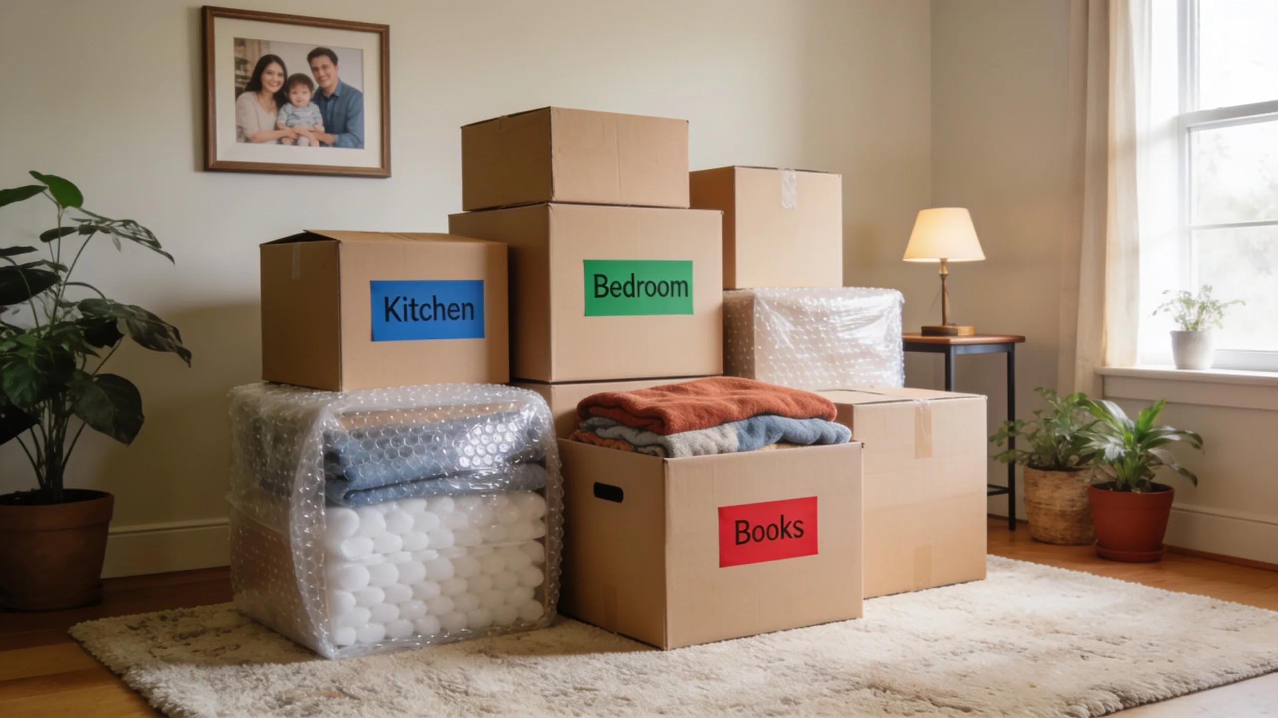 Neatly packed moving boxes with color-coded labels and protective materials, showcasing effective packing strategies