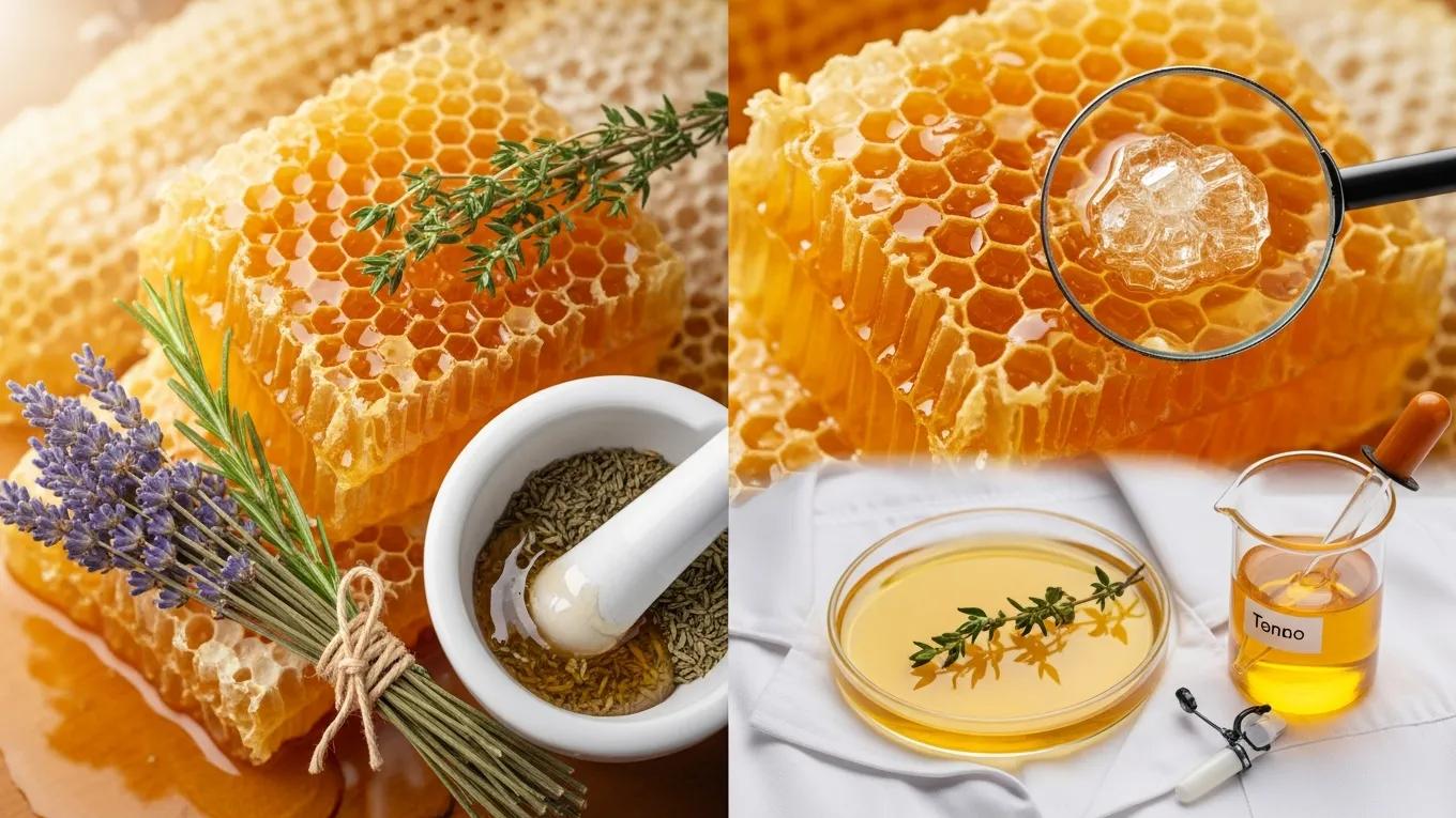 Close-up of honeycomb with herbs, illustrating traditional and scientific connections