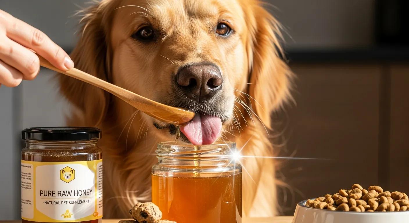 A dog enjoying raw honey, showcasing its health benefits for pets
