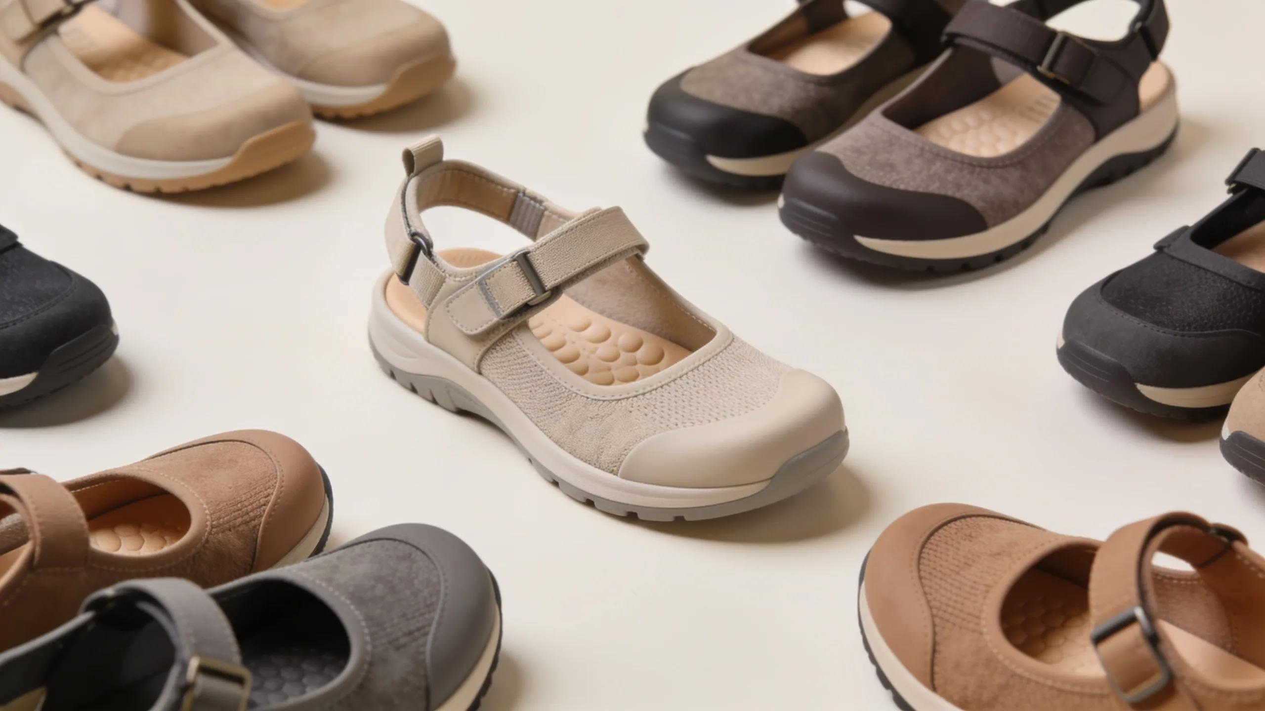 Collection of arthritis-friendly shoes highlighting features like wide toe box and cushioning