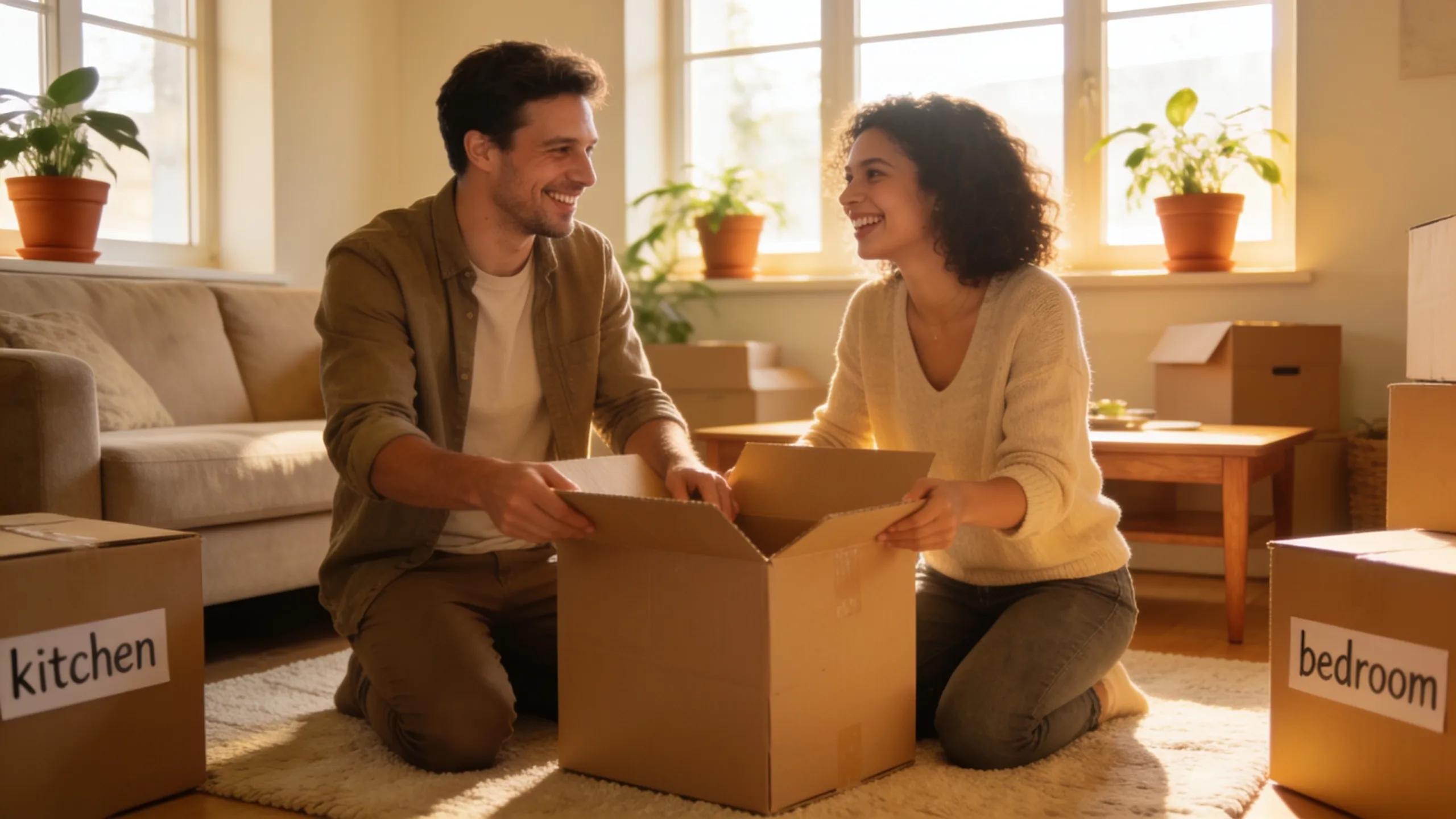 Cozy living room of first-time home buyers unpacking boxes, reflecting a warm and inviting atmosphere