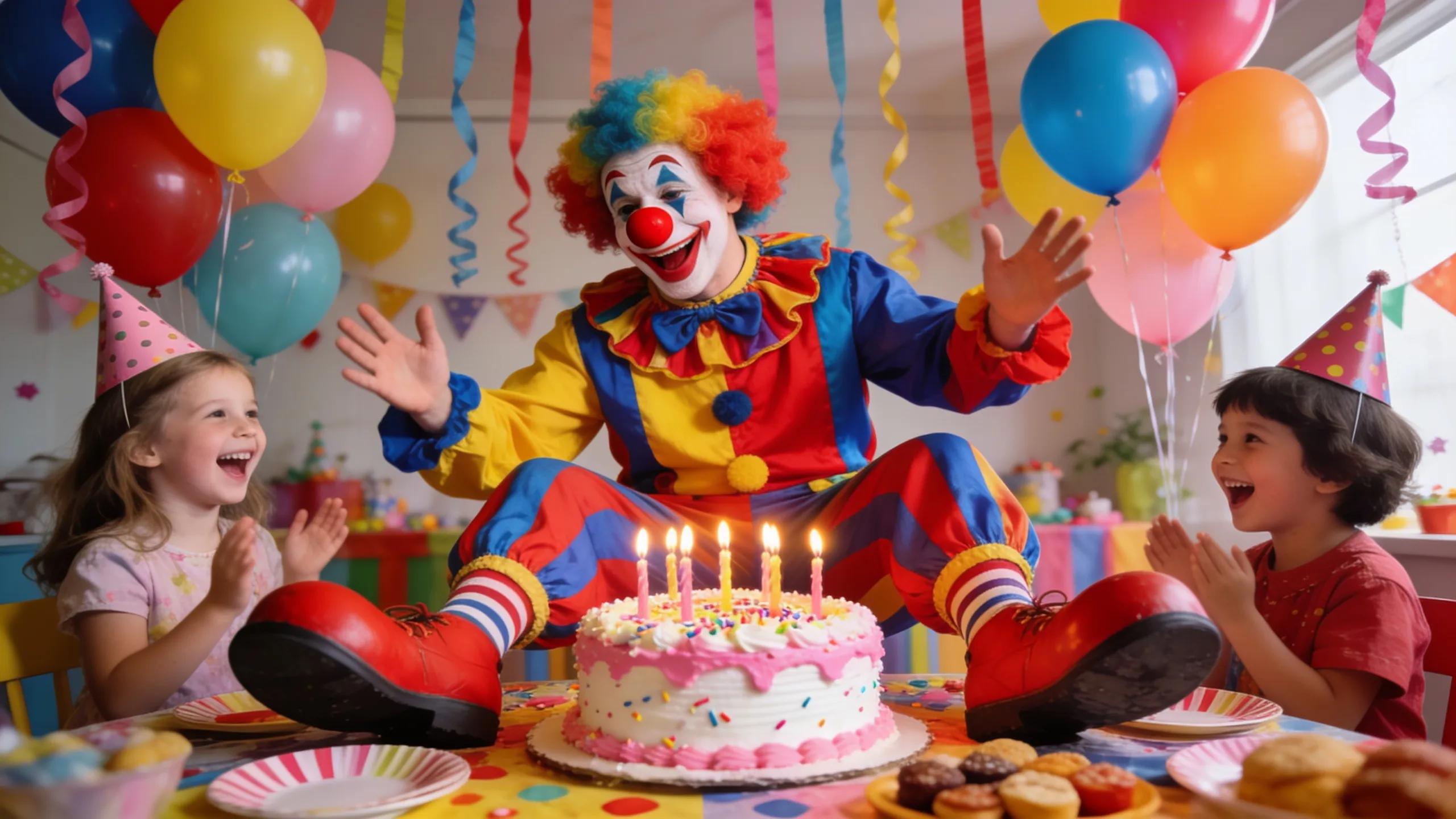 Children enjoying a birthday party with a clown, balloons, and a decorated table, representing affordable birthday party entertainment