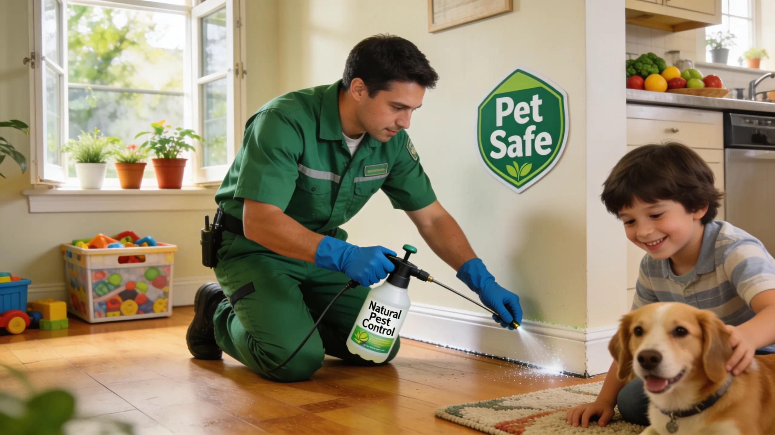Technician applying eco-friendly pest control treatments safely in a family home