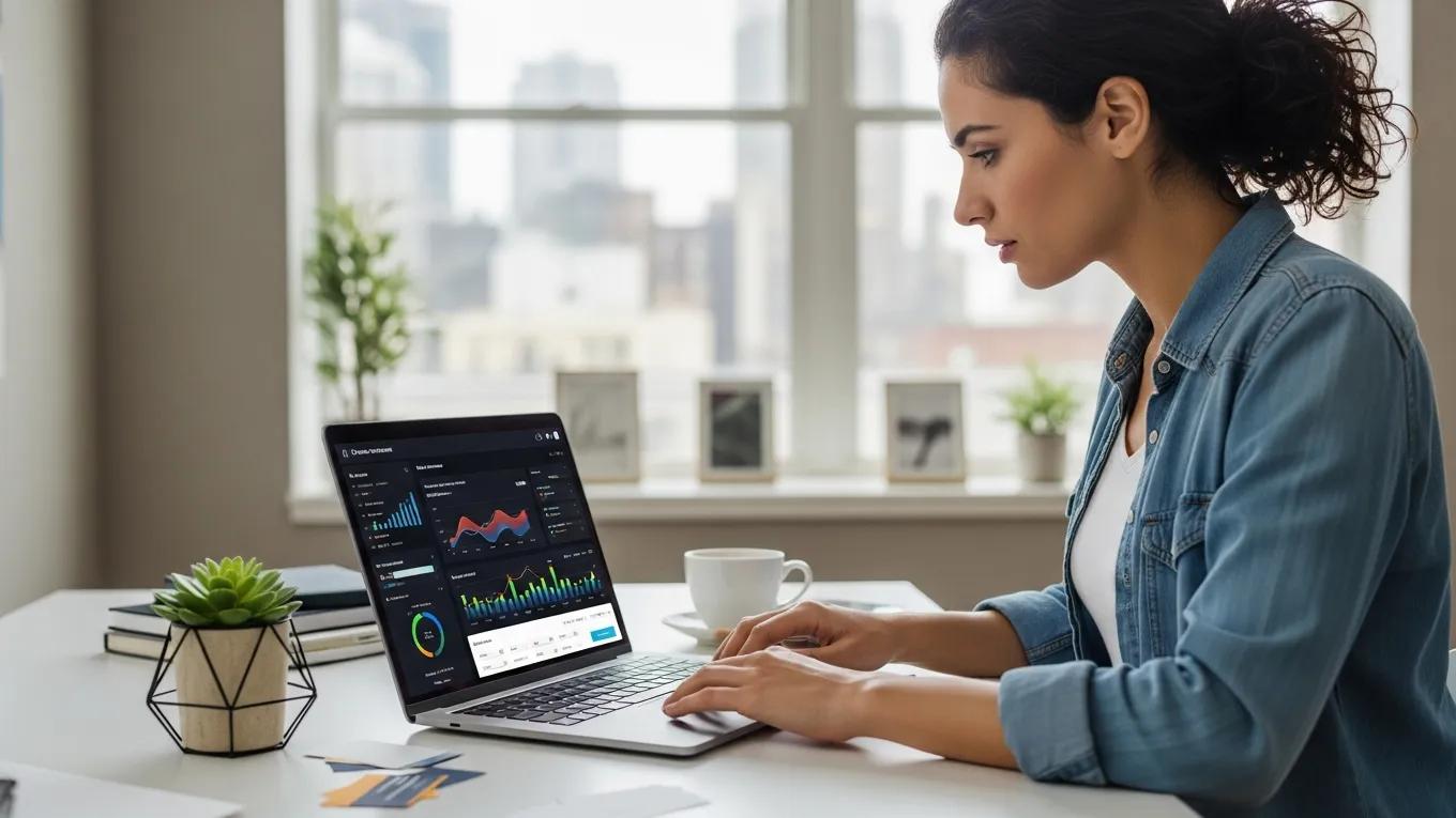 Small business owner using AI search optimization tools on a laptop in a modern office