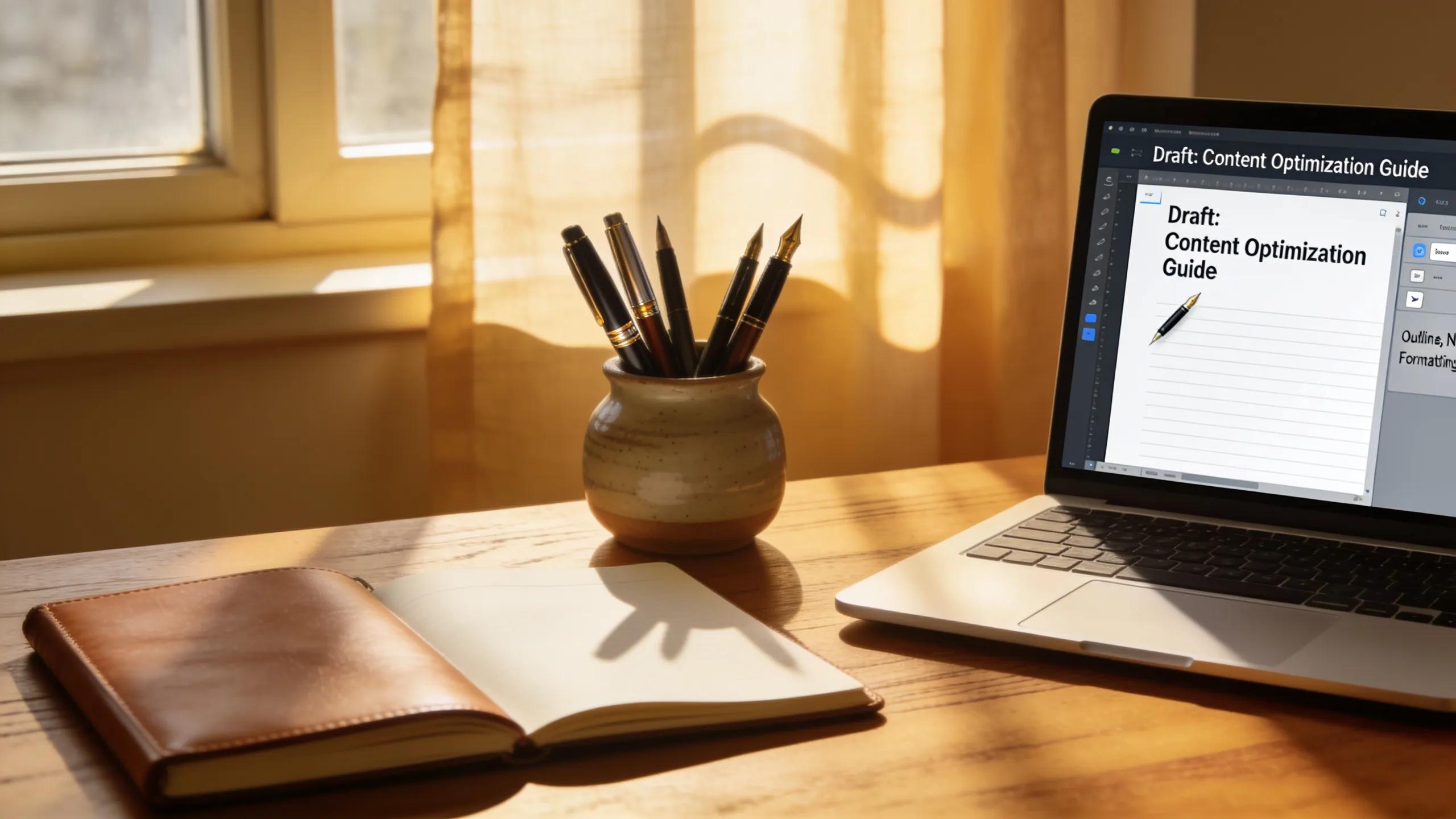 Cozy desk setup with content creation tools focused on optimizing online visibility