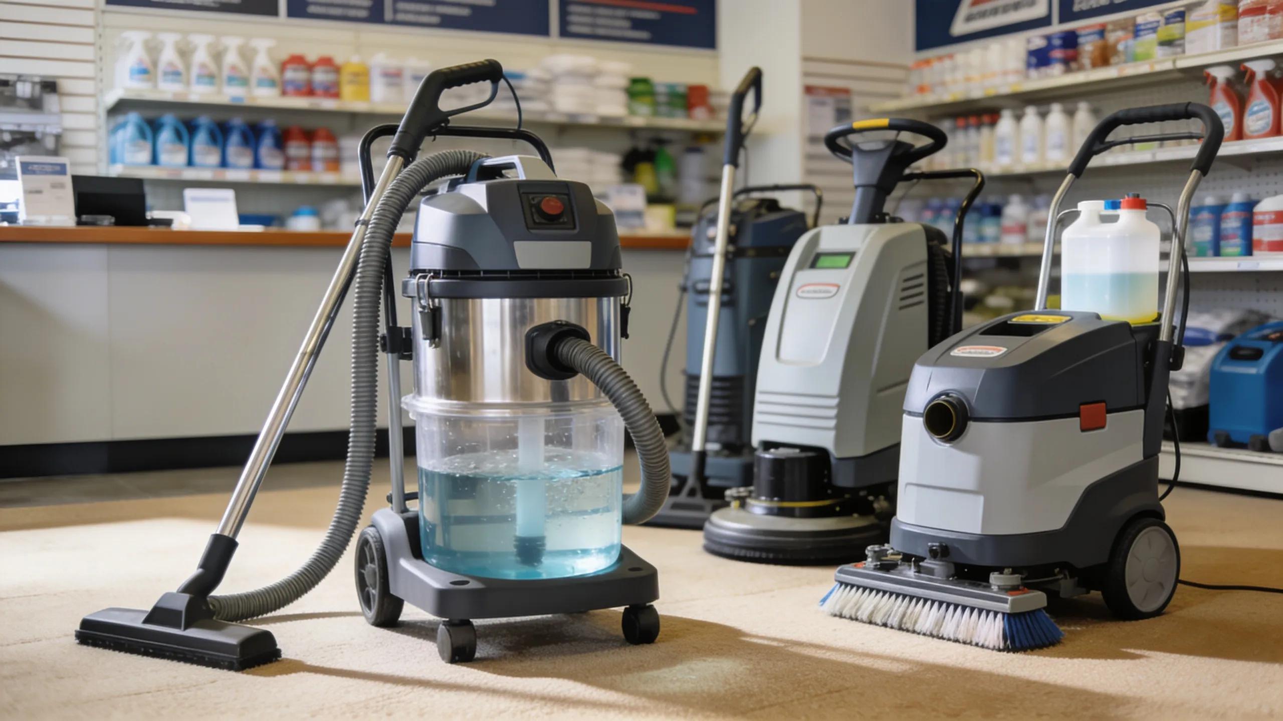 A variety of commercial carpet cleaning machines available for rental in Melbourne, highlighting key models
