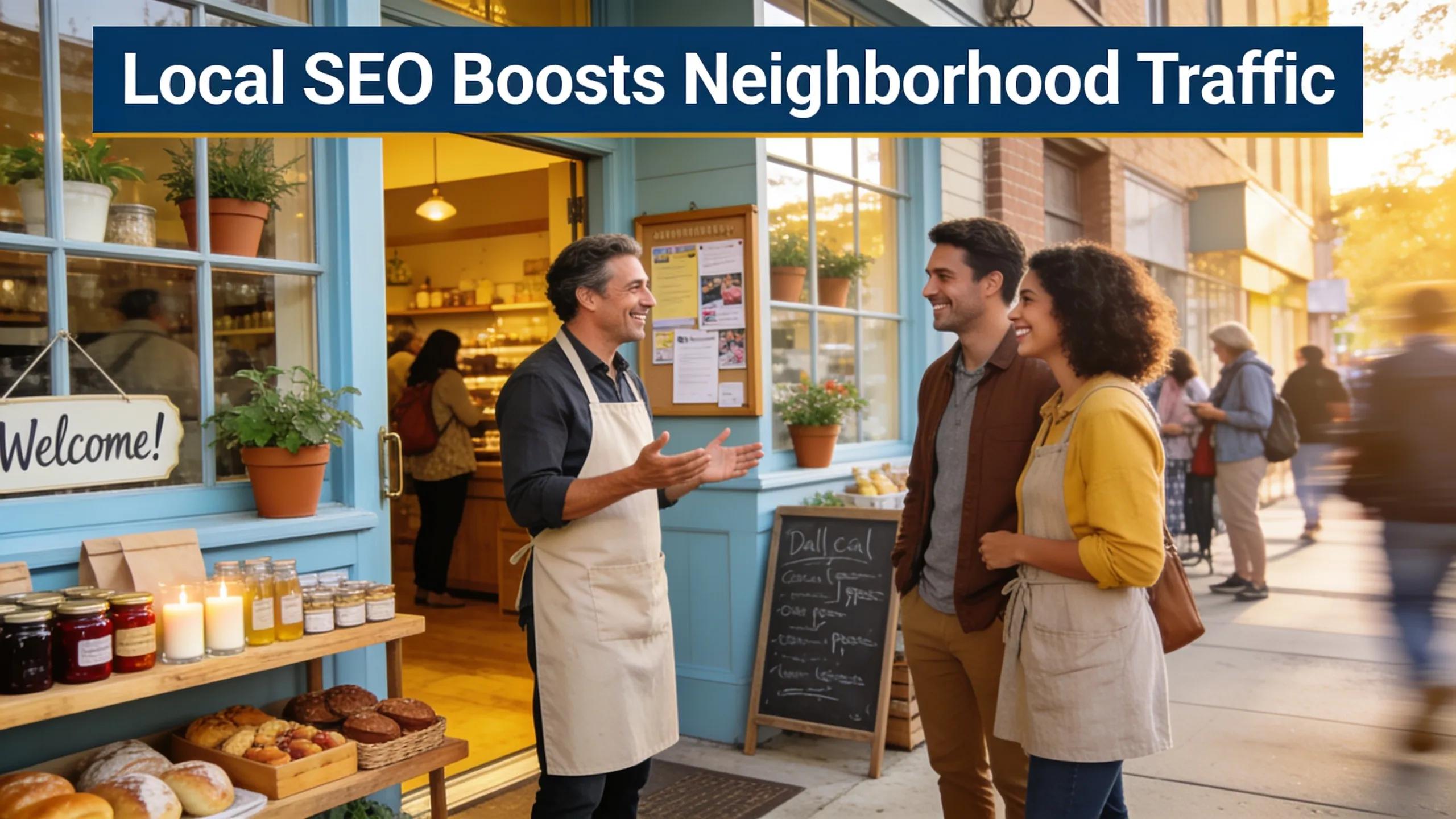 Local business owner engaging with customers in a friendly storefront, emphasizing local SEO importance Local business owner engaging with customers in a friendly storefront, emphasizing local SEO importance