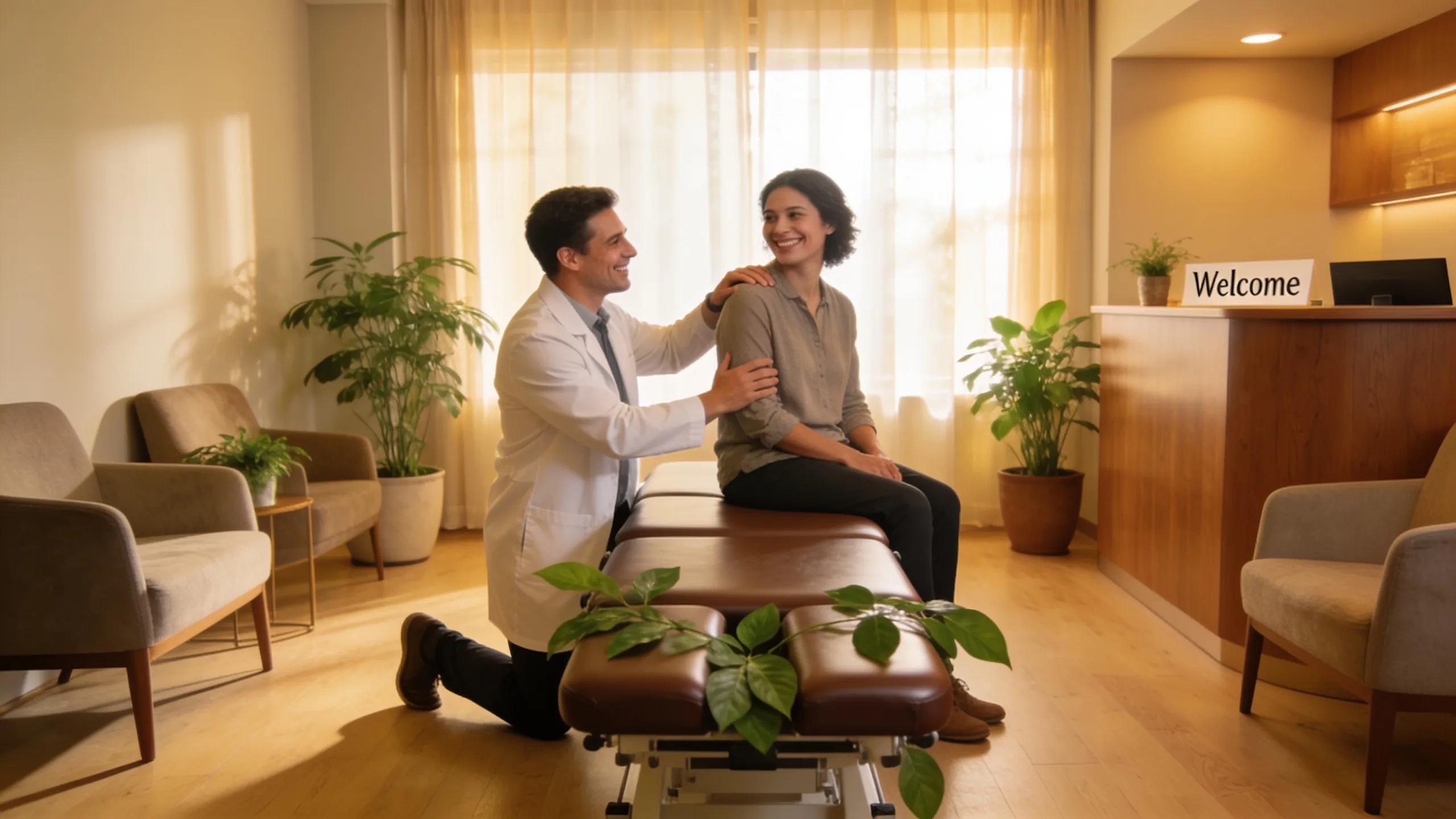 Chiropractor engaging with a patient in a warm clinic setting, emphasizing care and comfort in back pain treatment