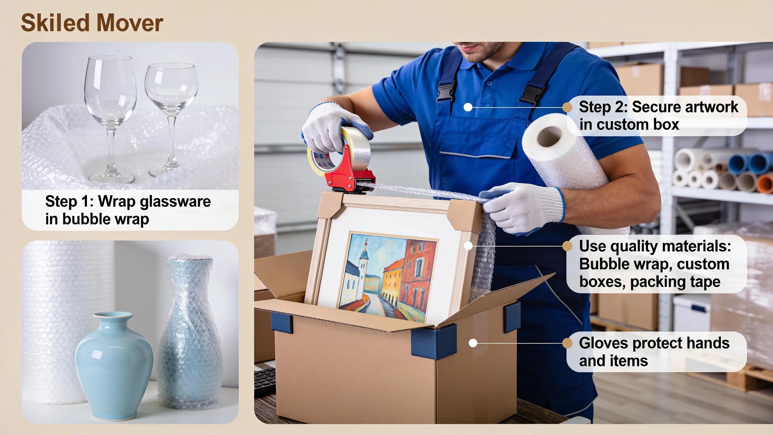 Professional mover packing fragile items with care and precision