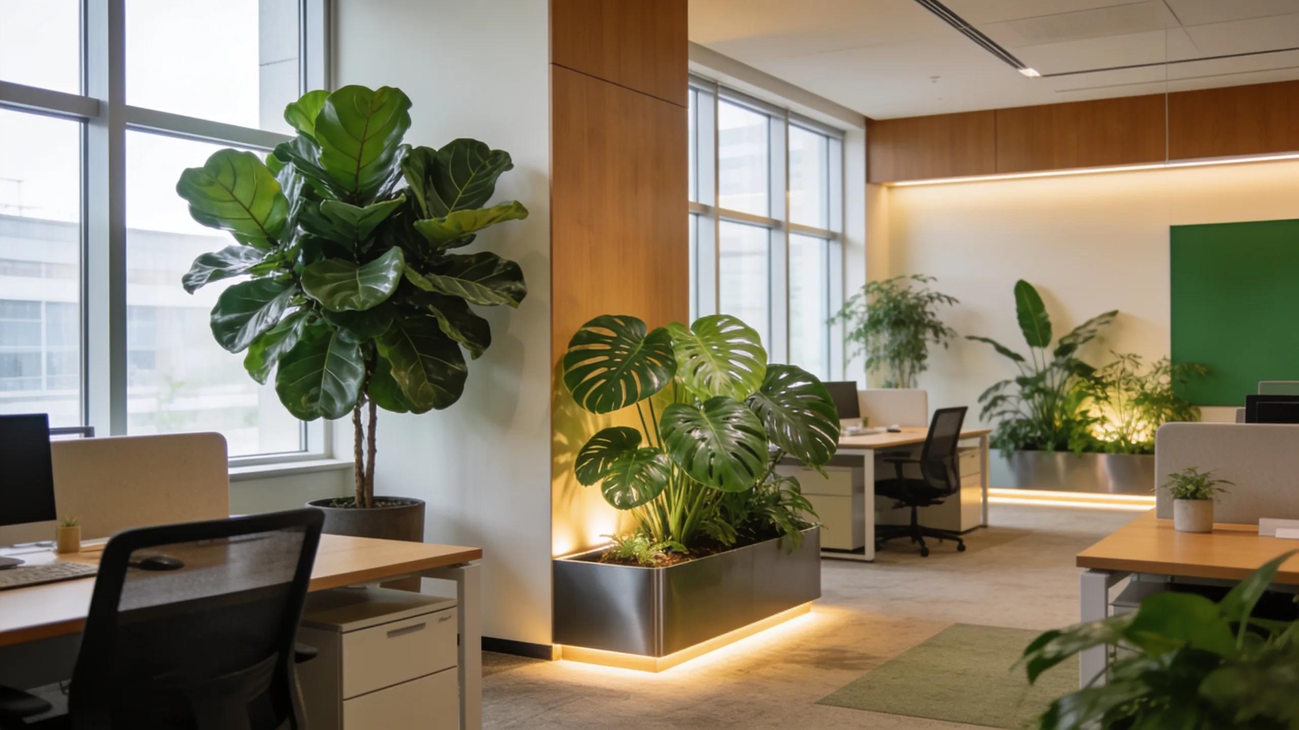 Professional office environment enhanced by large statement plants for improved aesthetics and comfort