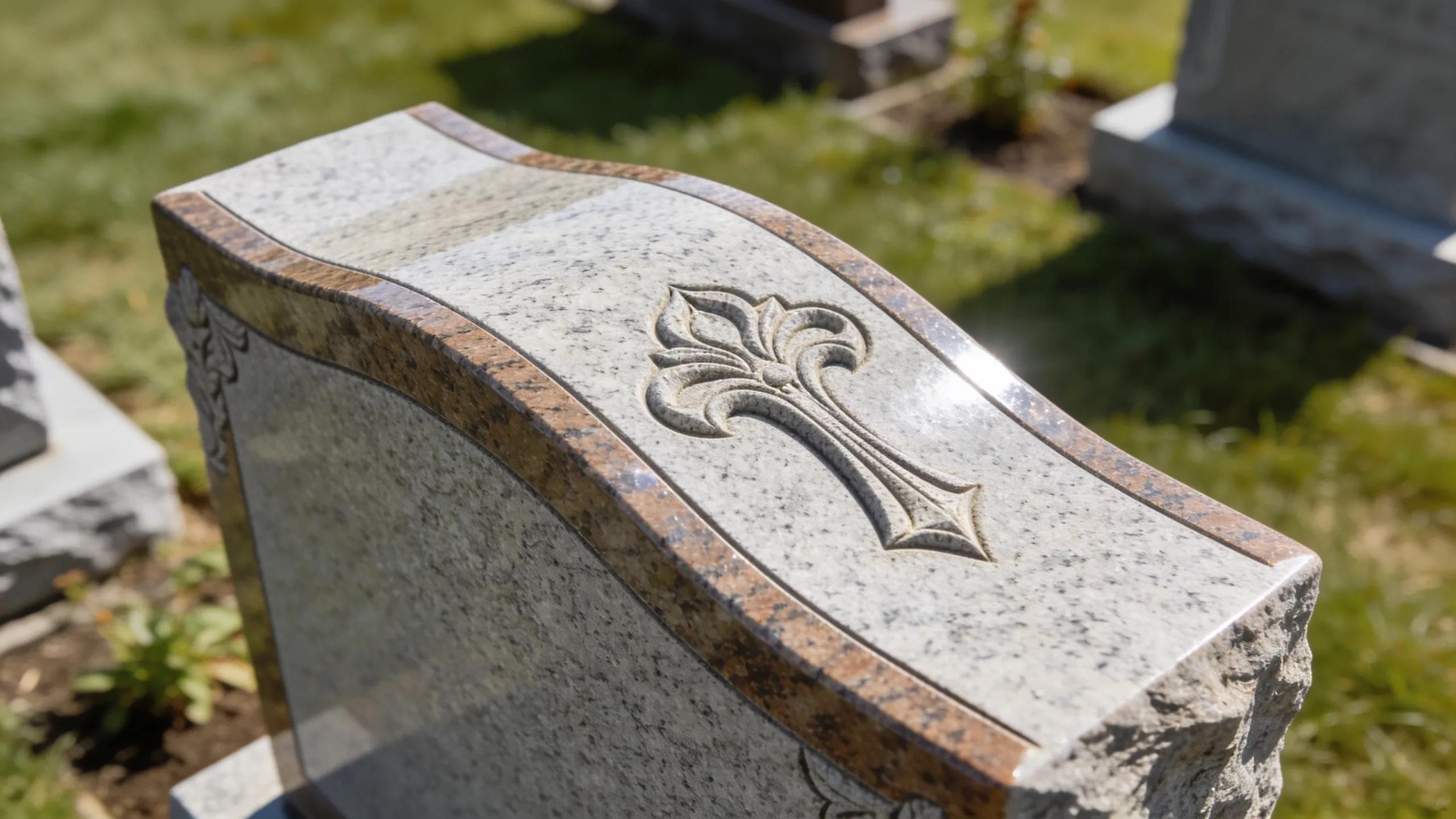 Close-up of a beautifully crafted granite grave marker showcasing intricate craftsmanship