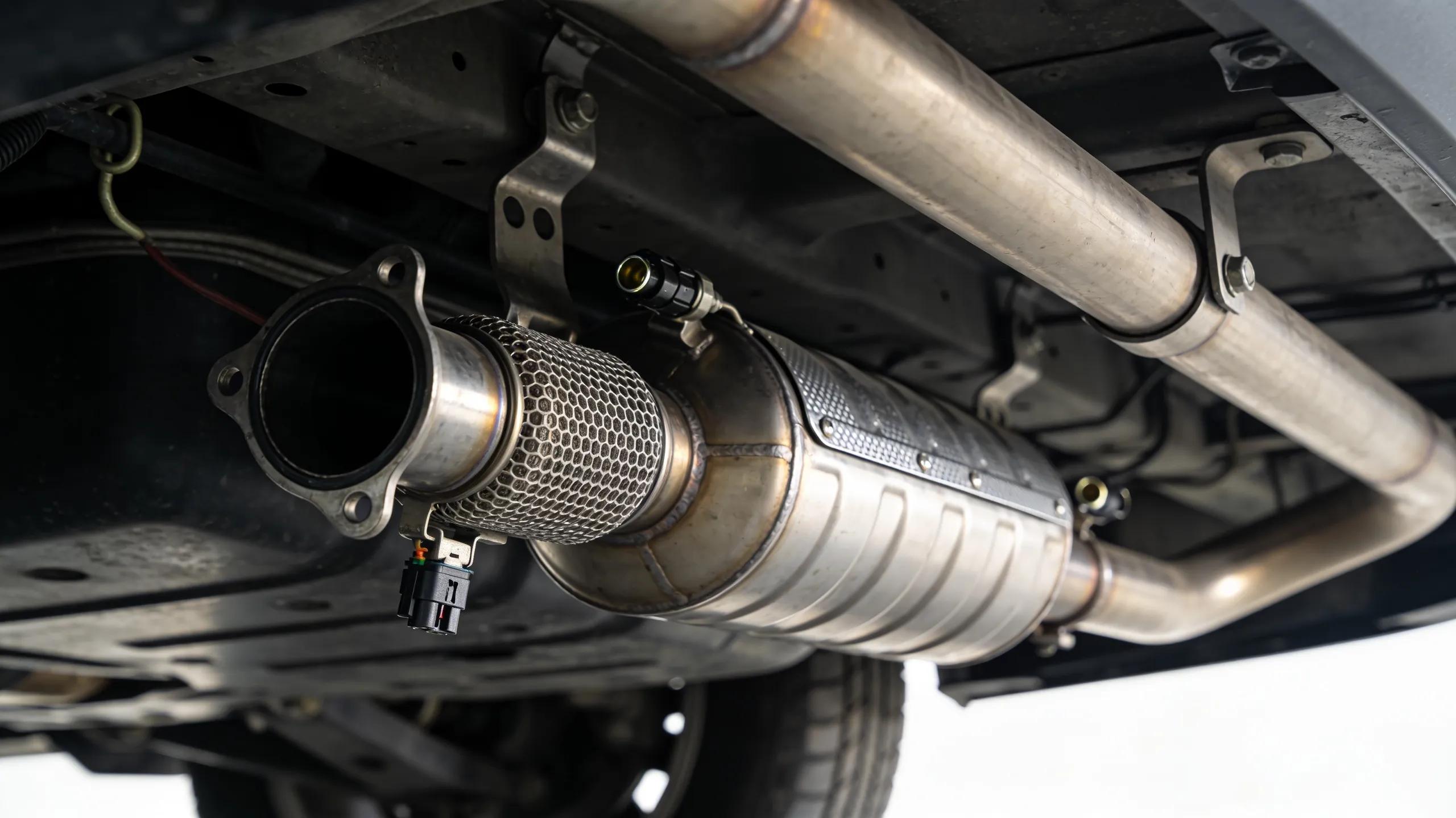 Close-up of a catalytic converter installed in a vehicle's exhaust system Vehicle exhaust system with catalytic converter and exhaust pipe.