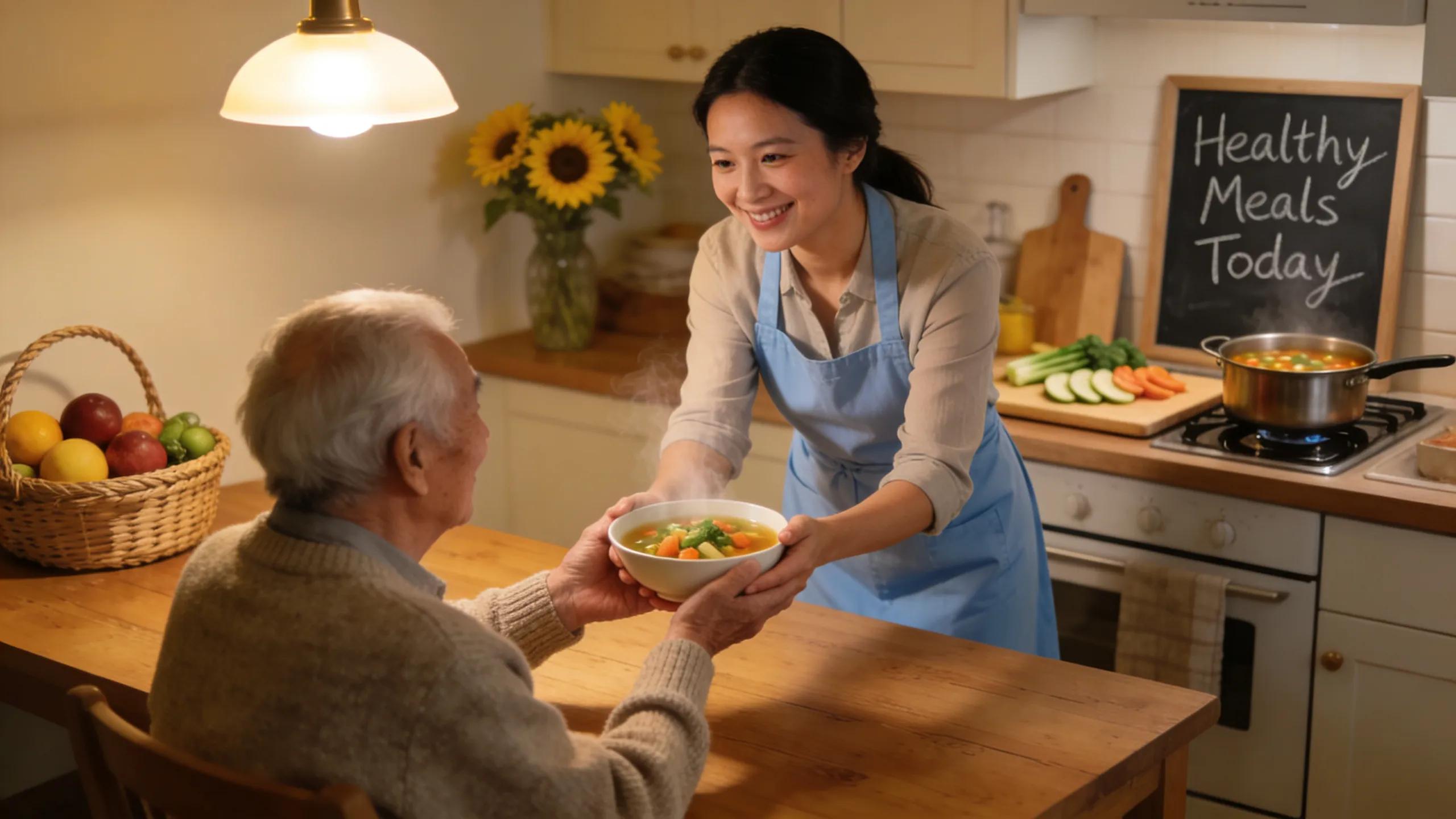 Elderly person receiving a fresh meal from a caregiver, showcasing senior meal preparation benefits