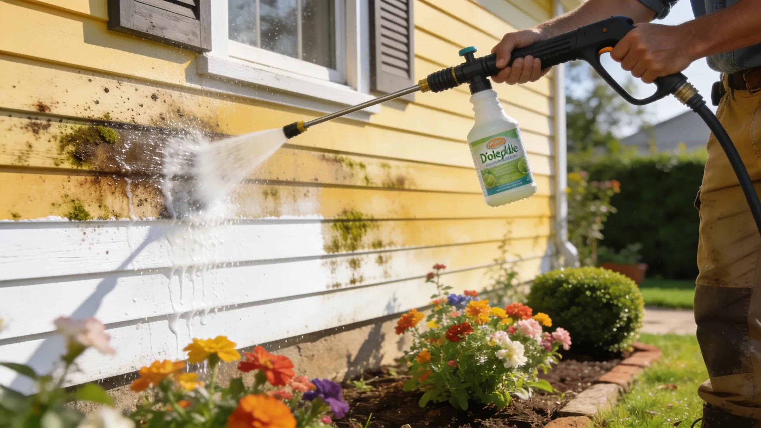 Soft washing of vinyl siding, demonstrating effective cleaning and maintenance of home exteriors